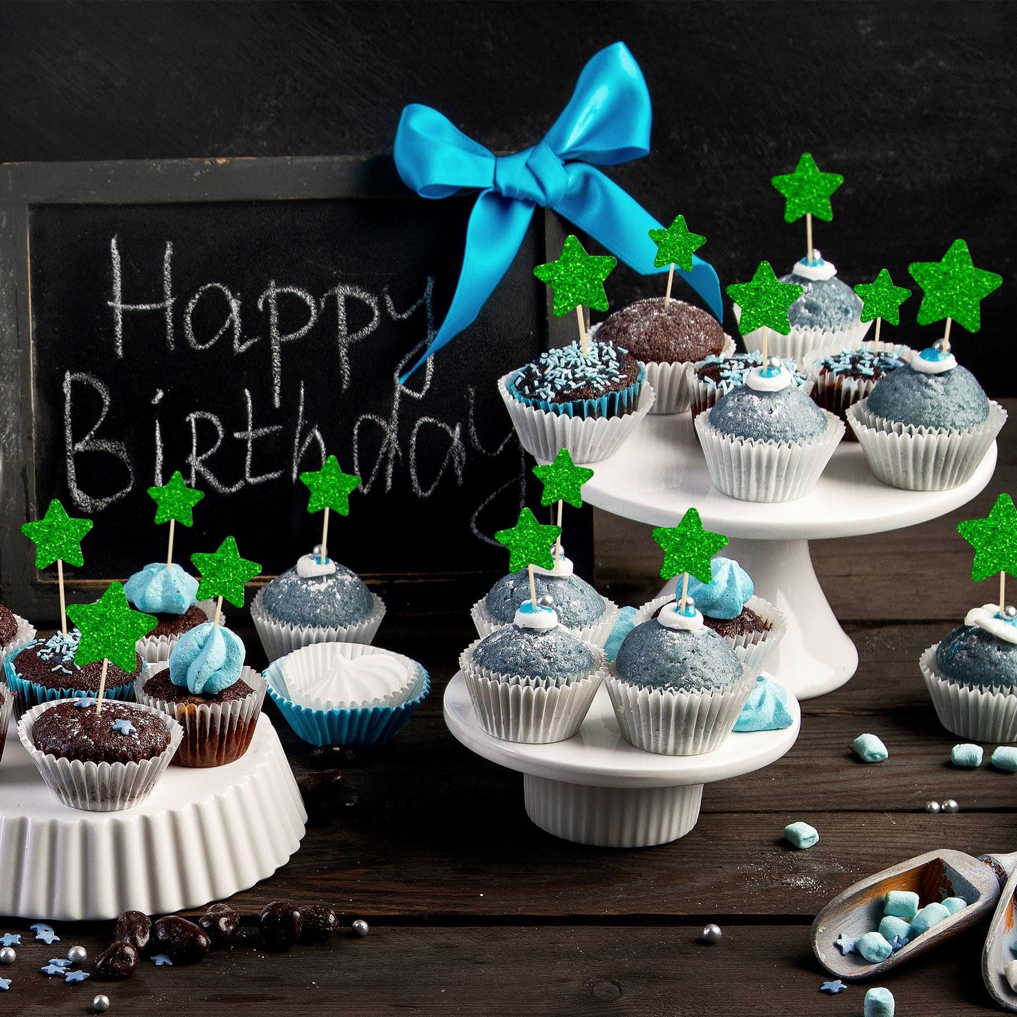 Gyufise 42Pcs Star Cupcake Toppers Green Glitter Assembled Twinkle Star Cupcake Picks Wedding Engagement Bridal Shower Birthday