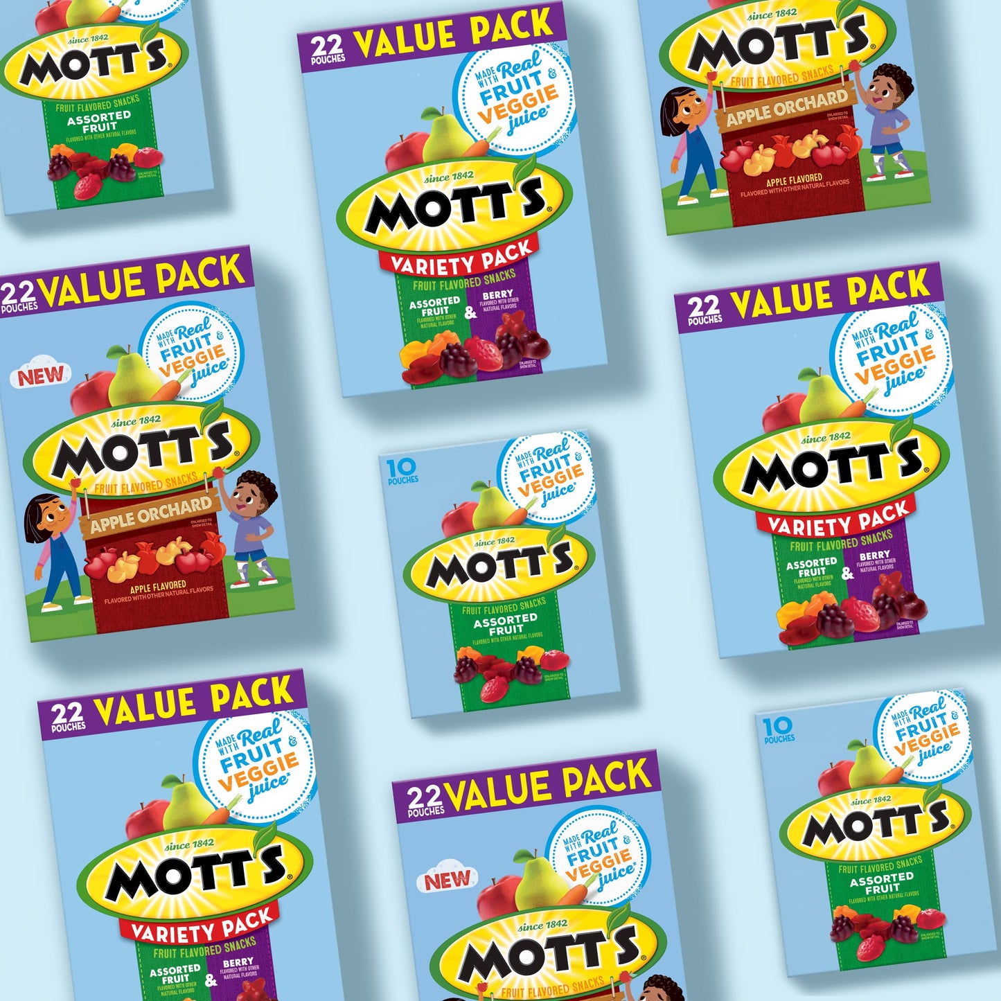 Motts Fruit Flavored Snacks, Assorted Fruit, Pouches, 0.8 oz, 22 ct