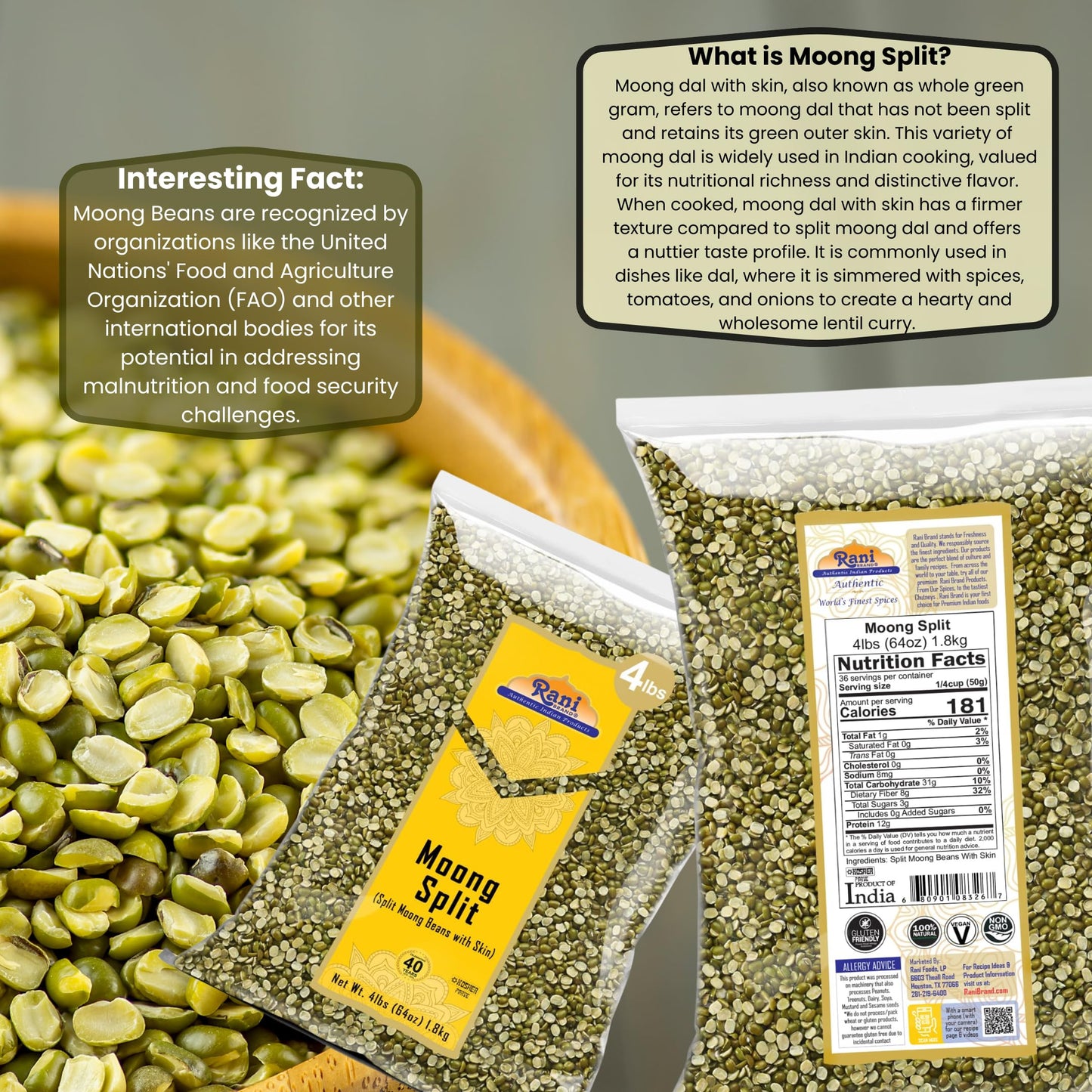 Rani Moong Split (Split Mung Beans With Skin) Lentils Indian 64Oz (4Lbs) 1.81Kg Bulk ~ All Natural | Gluten Friendly | Non-Gmo | Vegan | Indian Origin