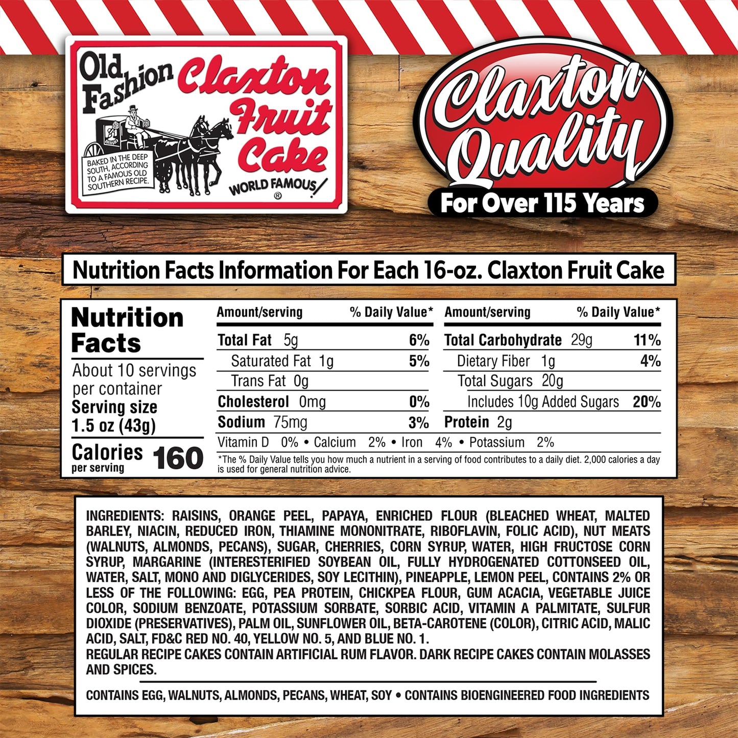 Old Fashion Claxton Fruit Cake - 1 Lb. Dark Recipe - Wrapped for Freshness in our Signature Claxton Carton