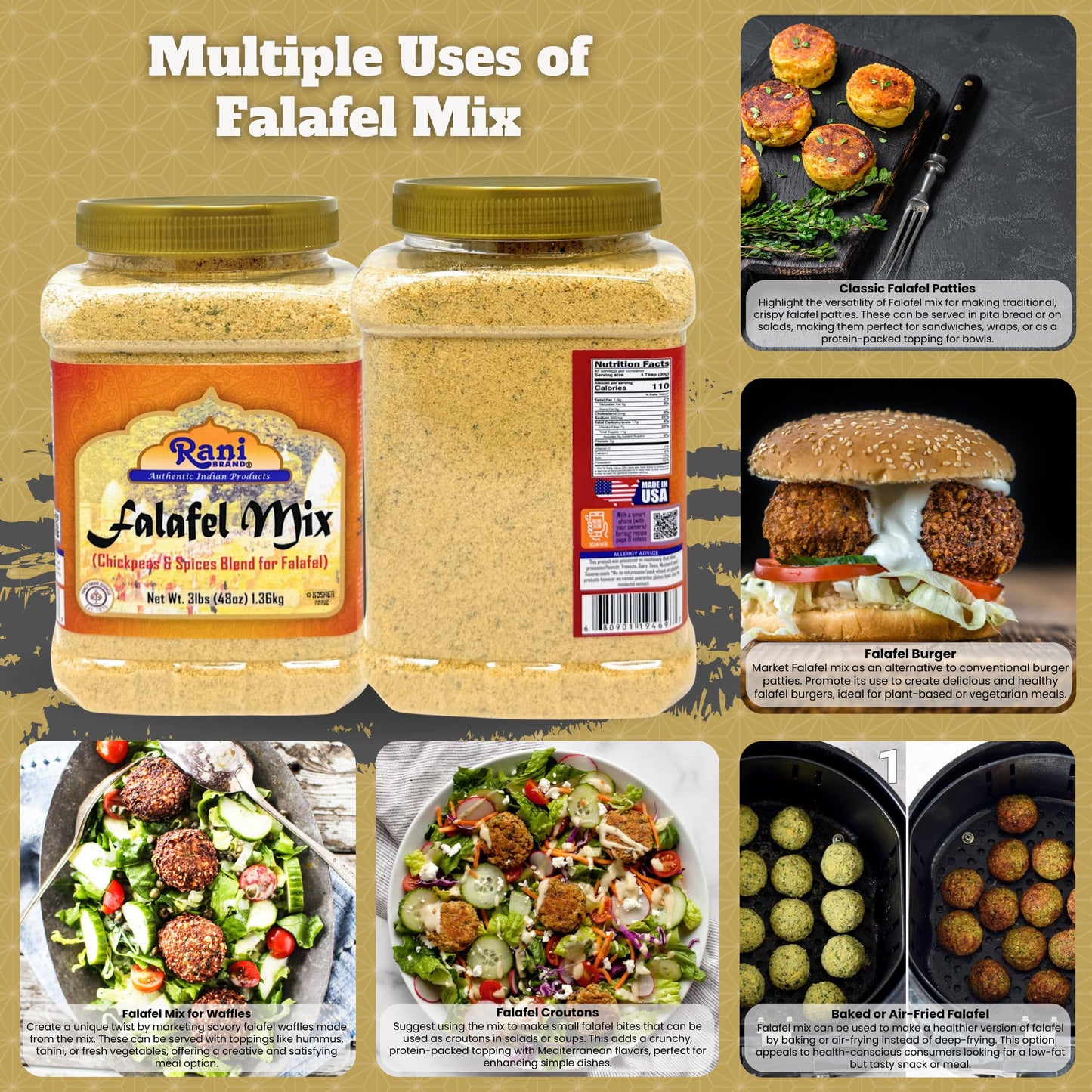 Rani Falafel Mix - Chickpeas & Spices Blend, 48oz (3lbs), Gluten Friendly, NON-GMO, Kosher, Product of USA