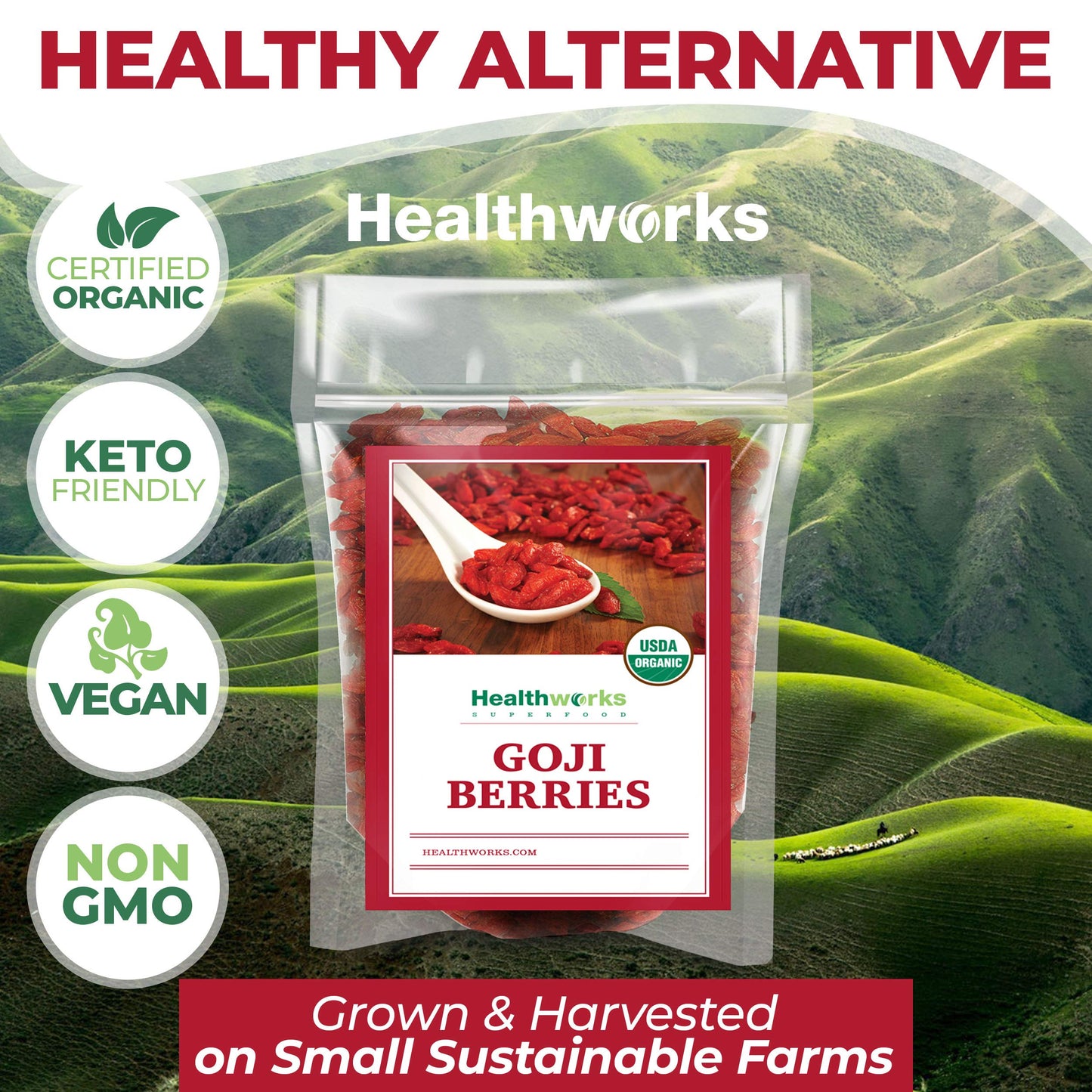 Healthworks Superfoods Organic Dried Goji Berries - 8 Oz - 1 Pack - Vegan and Non-GMO -Certified Organic Raw Sun-Dried Goji Berr