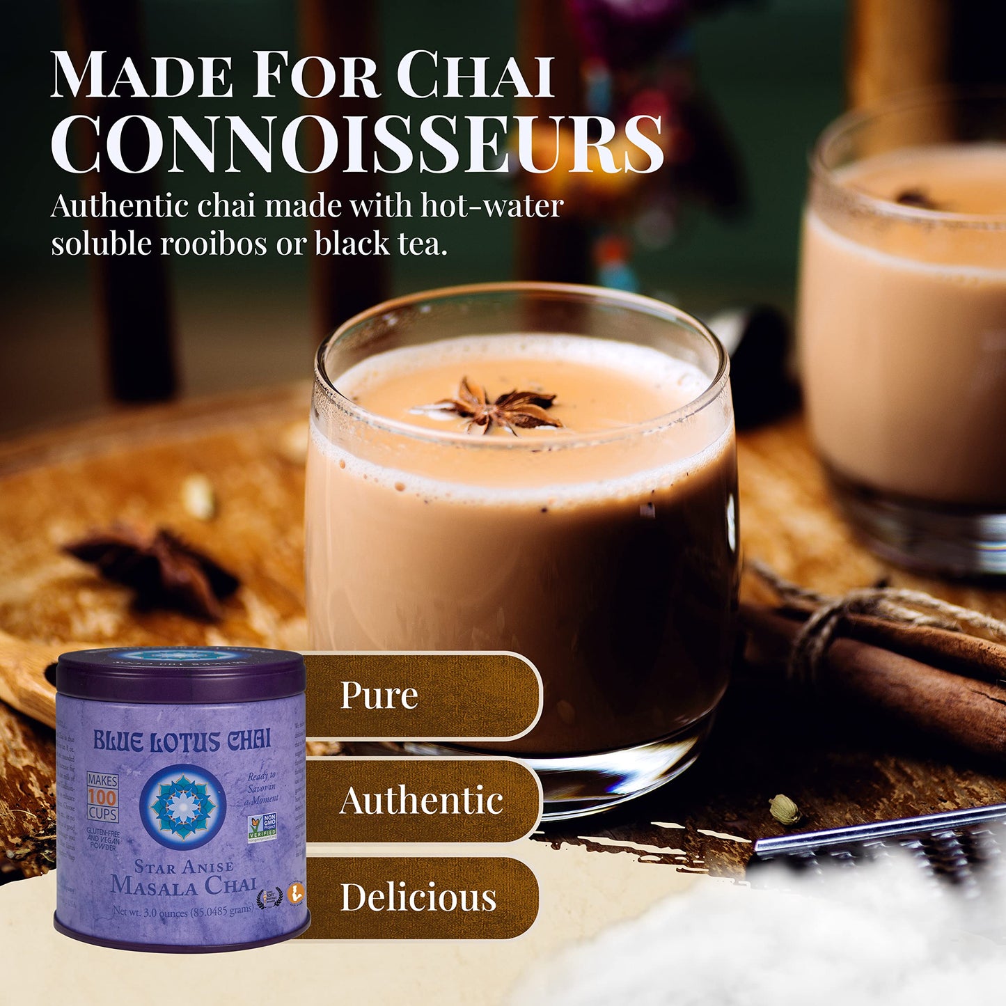 Blue Lotus Chai - Star Anise Masala Chai - Makes 100 Cups - 3 Ounce Masala Spiced Chai Powder With Organic Spices - Instant Indi