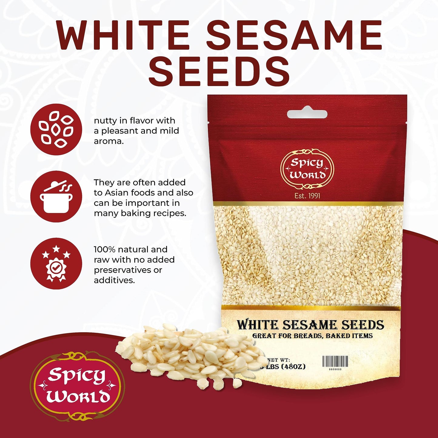 Spicy World White Sesame Seeds - Natural, Raw, Hulled, Non-GMO, 3 LB Resealable Bag