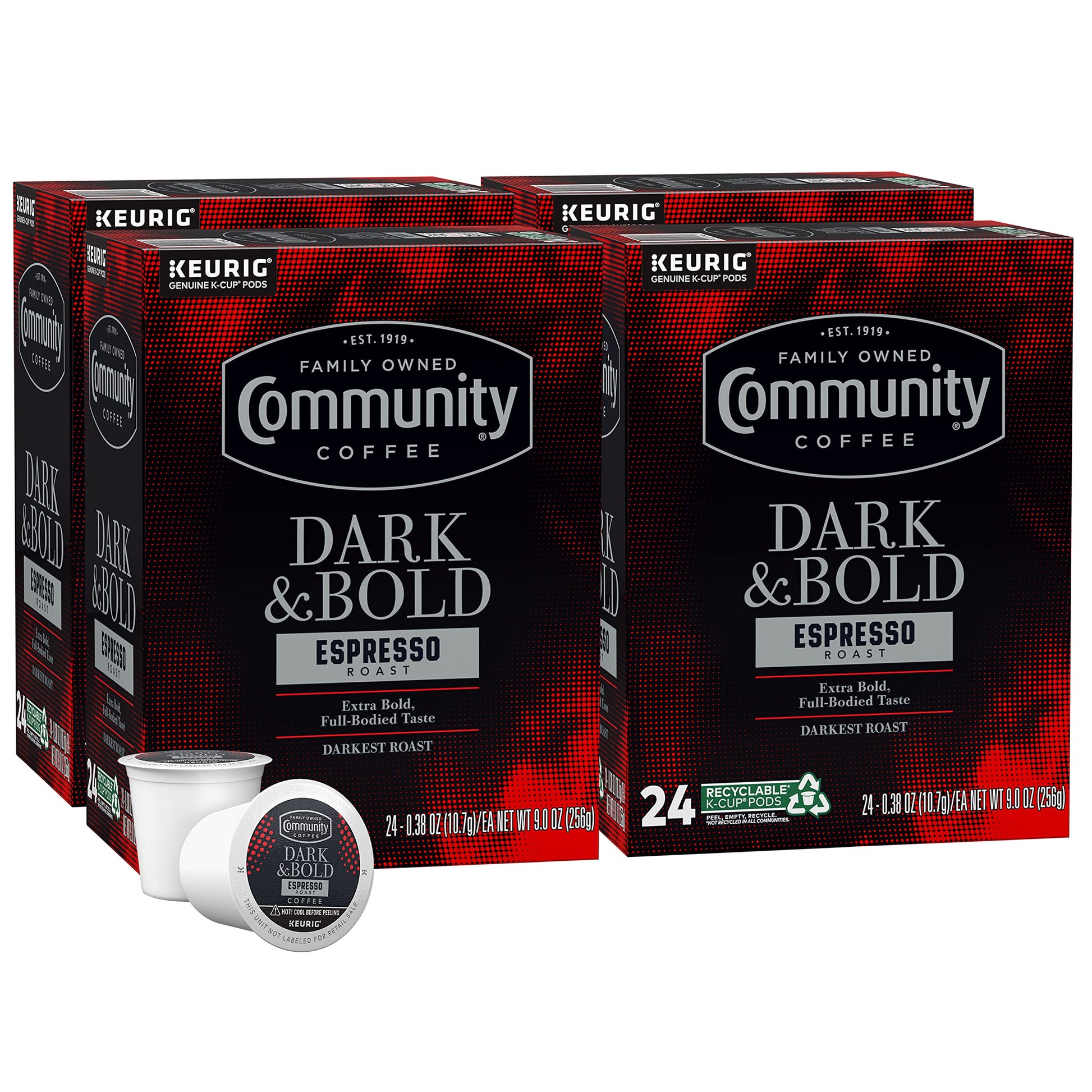 Community Coffee Dark & Bold Espresso Roast Coffee Pods, 24 Count (Pack of 4), Compatible with Keurig 2.0 K-Cup Brewers