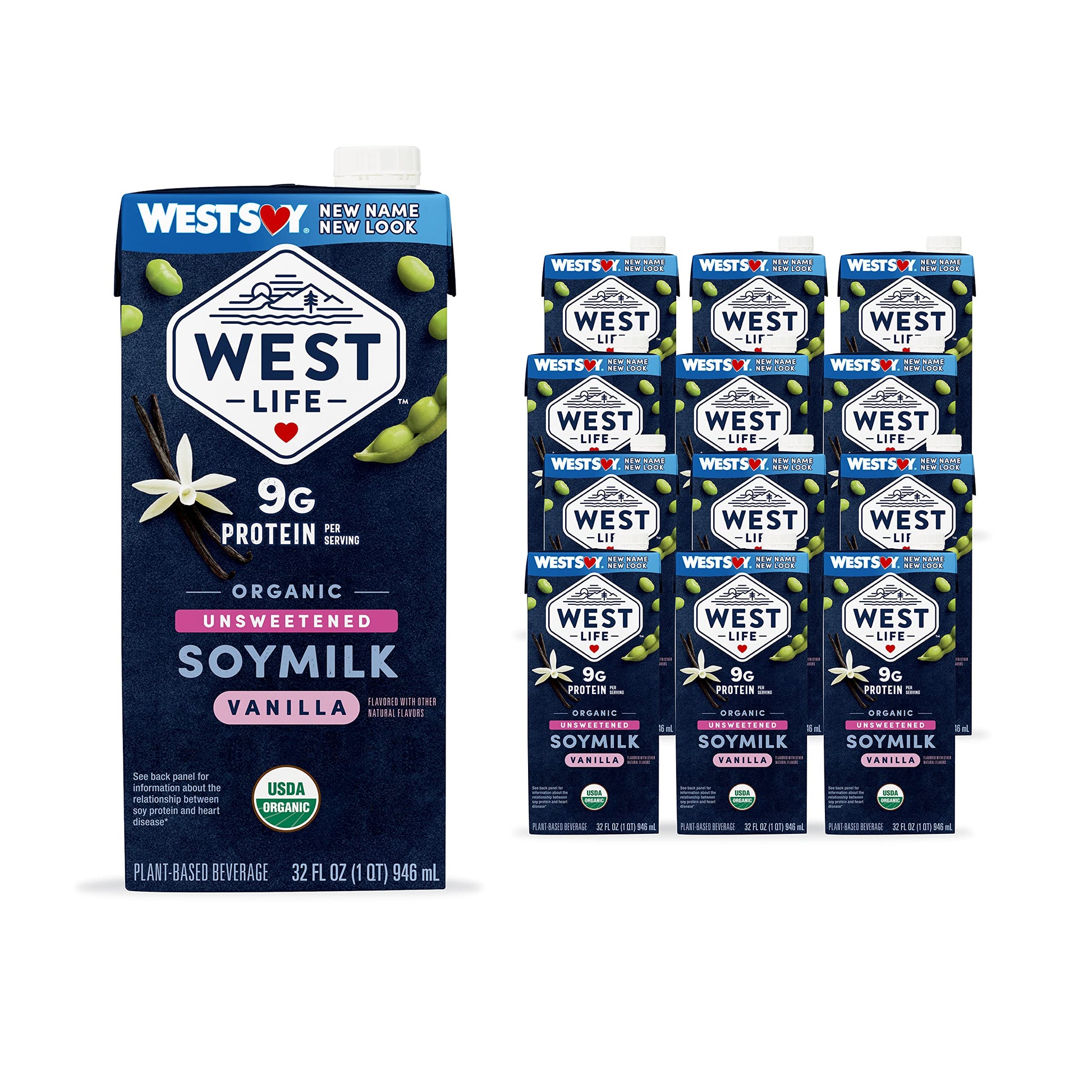 West Life Organic Soy Milk, Unsweetened Vanilla, 8g of Protein, Vegan Dairy Alternative, Lactose-Free, Shelf Stable, 32oz (Pack 