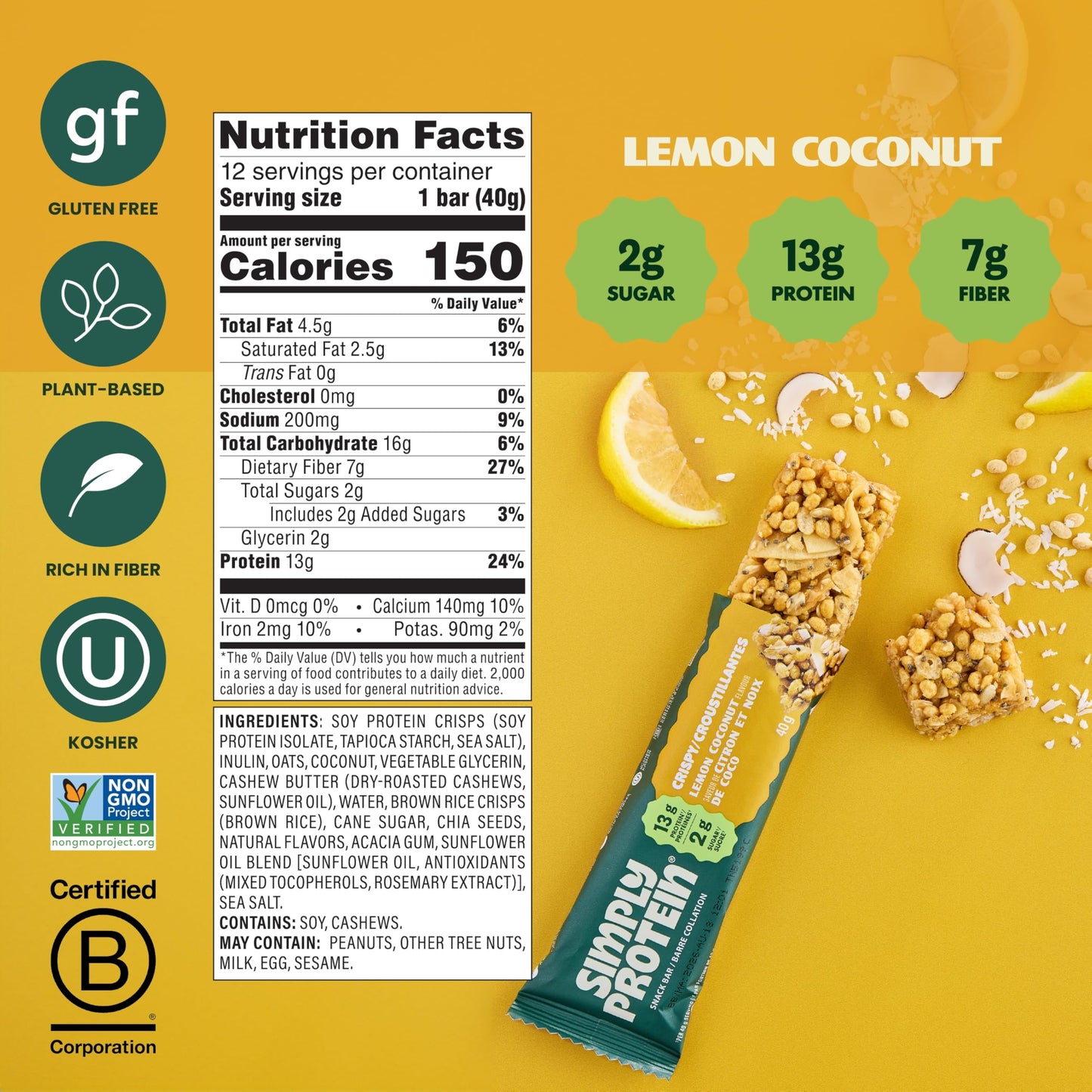 SimplyProtein Vegan Protein Bars - Lemon Coconut, 12g Protein, 2g Sugar, Gluten Free, Dairy Free, 32 Count