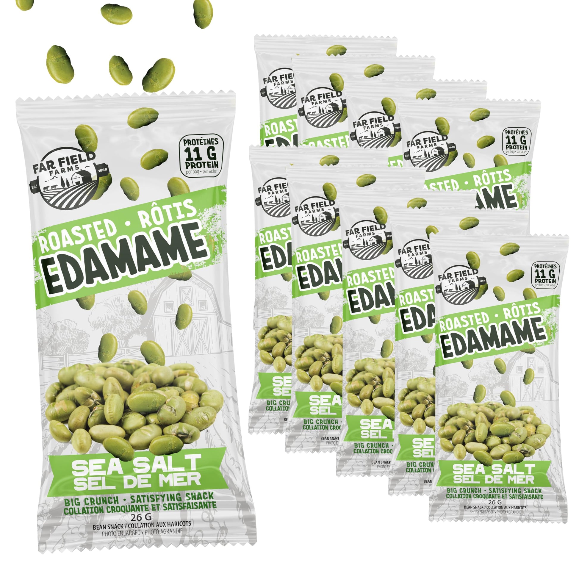Far Field Crunchy Roasted Edamame Beans - Sea Salt, 10-Pack, 11g Protein Per 26g Bag, Low Carb, High-Protein Plant-Based Snack