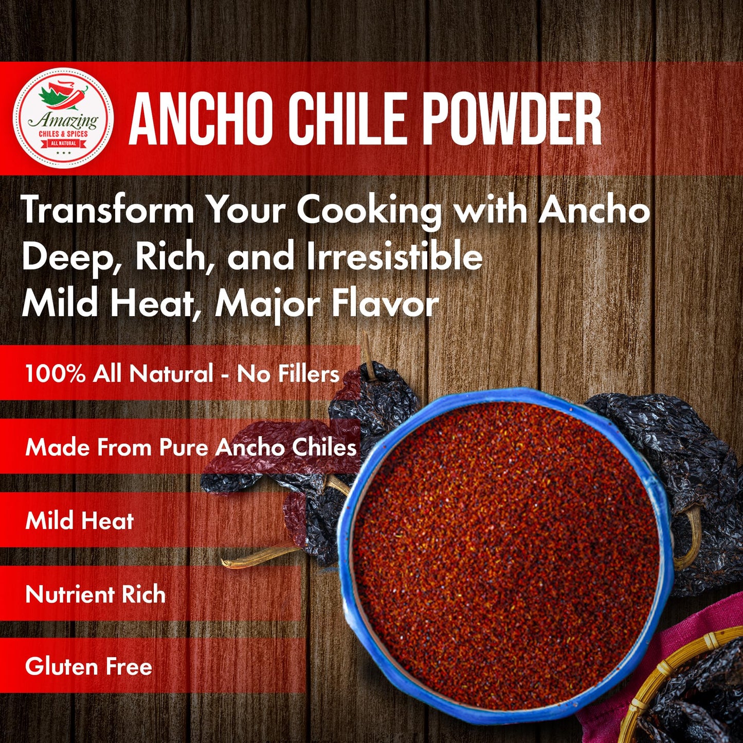 Amazing Chiles & Spices Ancho Chile Pepper Powder - Mild to Medium Heat, Sweet & Smoky Flavor, 4oz