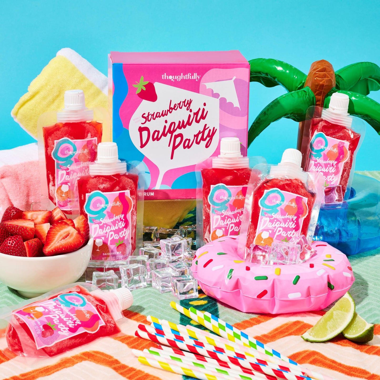 Thoughtfully Strawberry Daiquiri Party Set of 10 with Freezable Pouches and Funnel for Summer Drinks