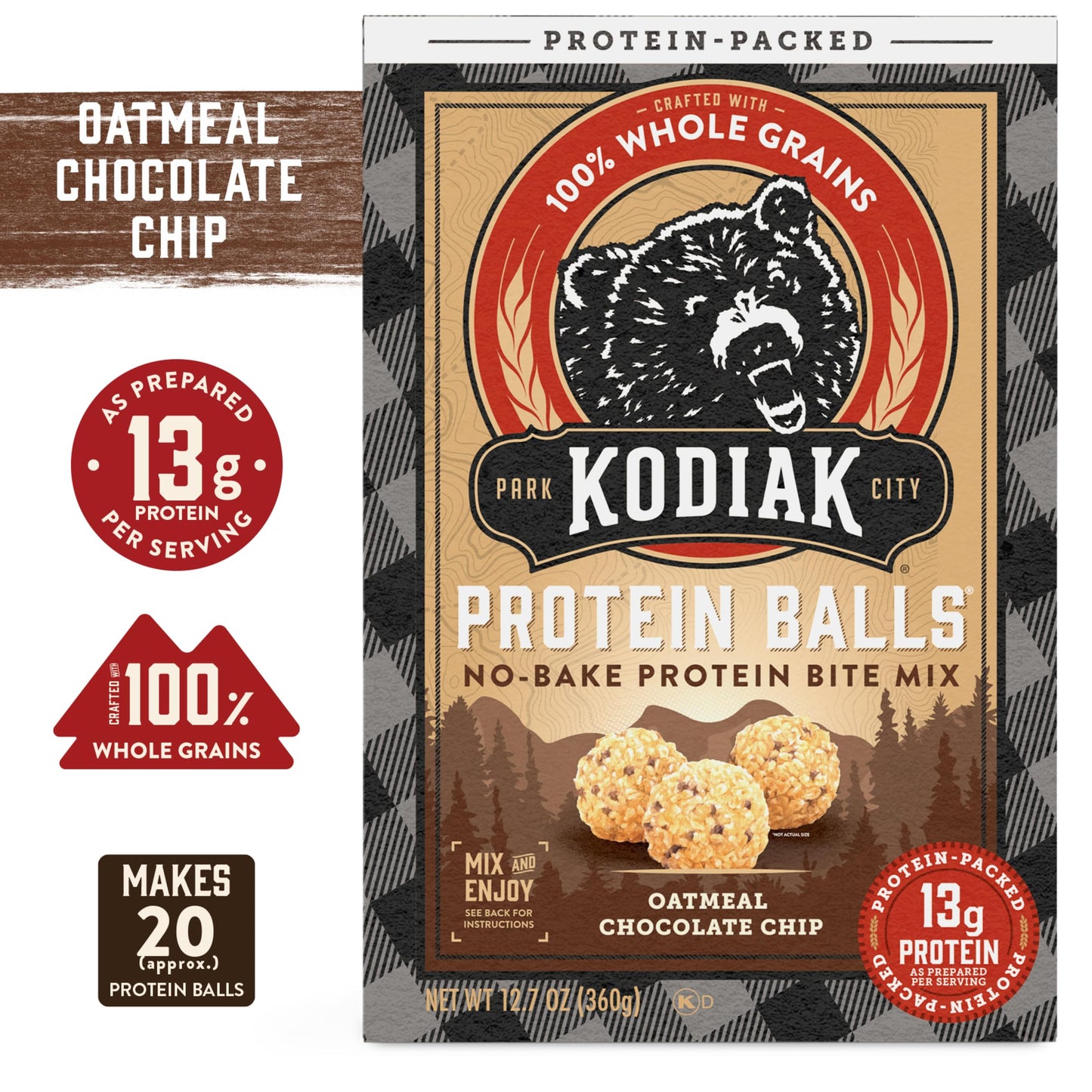 Kodiak Oatmeal Protein Ball Mix, Chocolate Chip, High Protein, 100% Whole Grains, (Pack of 6)
