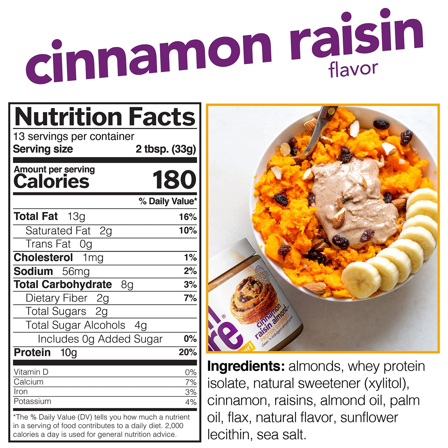 Nuts N More Cinnamon Raisin Almond Butter Spread, All Natural Keto Snack, Low Carb, Low Sugar, Gluten Free, Non-GMO, High Protei