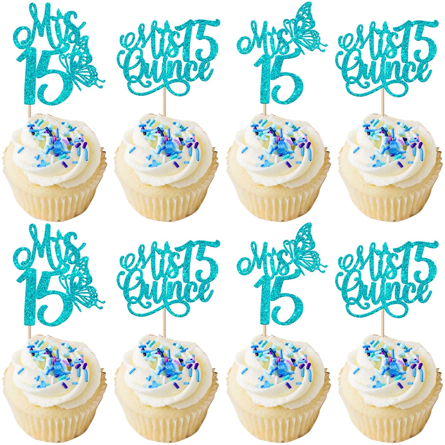 Rsstarxi Cupcake Toppers 24 Pack Glitter Picks for 15th Birthday Party Decorations - Blue Design