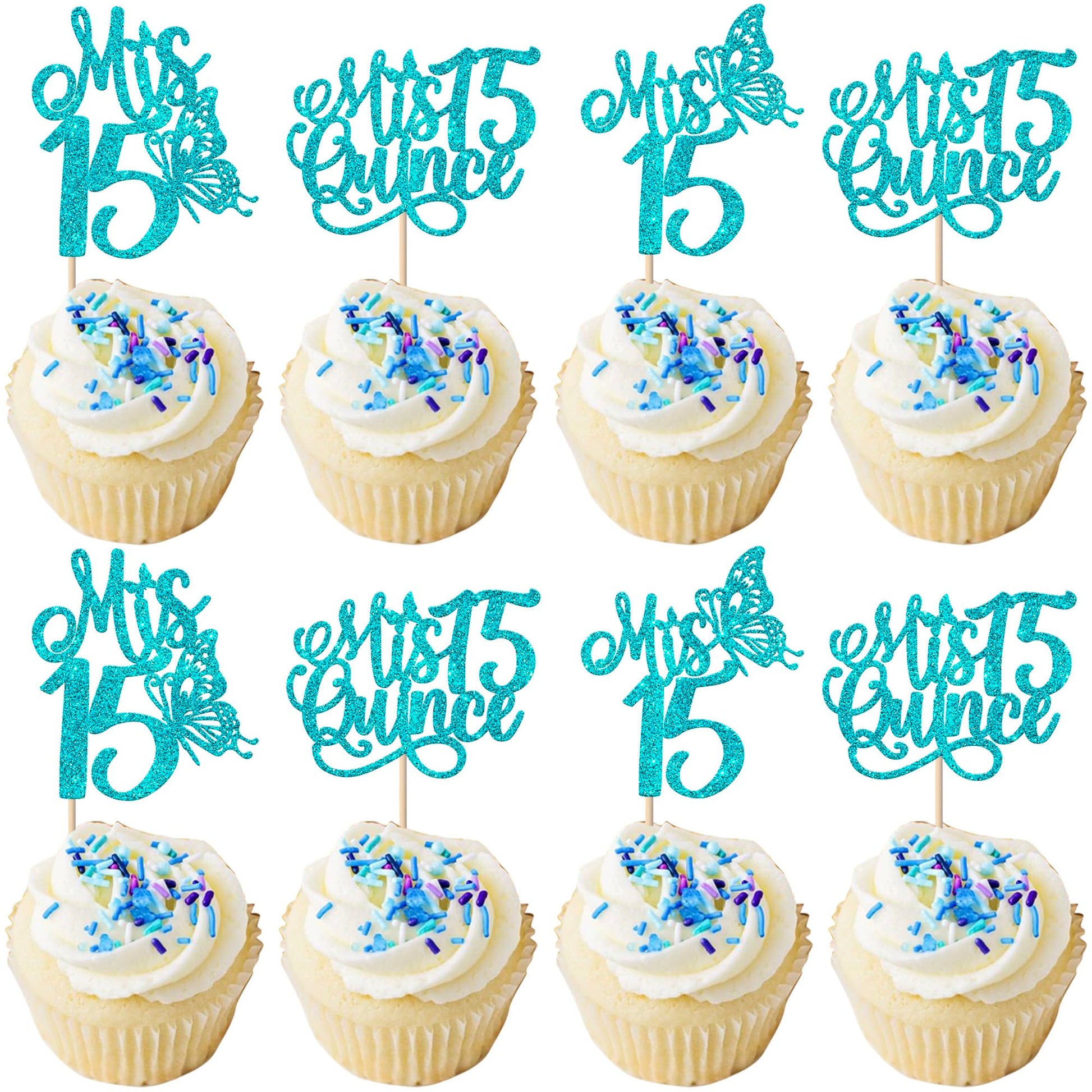 Rsstarxi Cupcake Toppers 24 Pack Glitter Picks for 15th Birthday Party Decorations - Blue Design