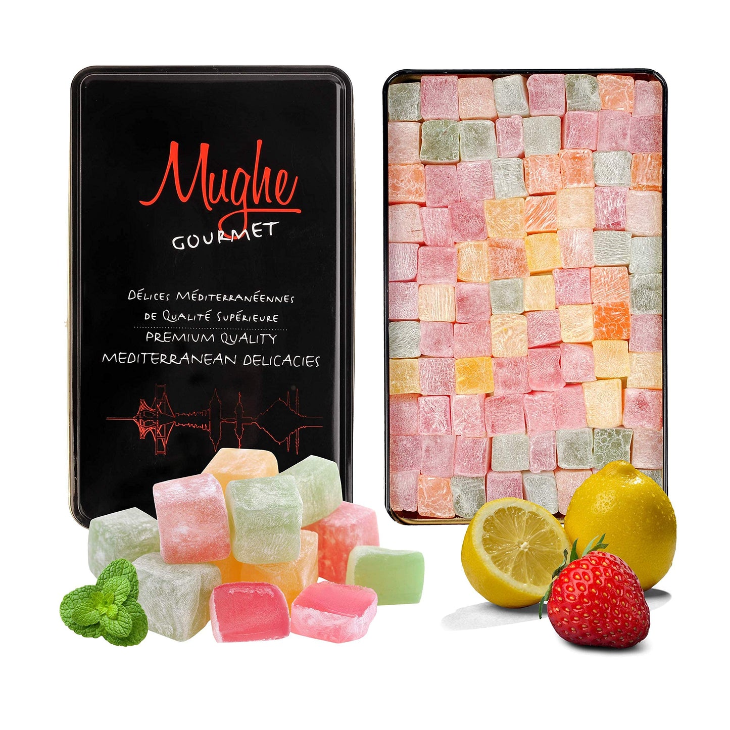 Mughe Gourmet Turkish Delight Candy Elegant Gift Tin Box - 1.65Lb-750G - Halal Vegan Lokum Fruit Flavors Rose, Strawberry, Lemon, Orange, Mint - Gift For Special Occasions, Halloween, Christmas