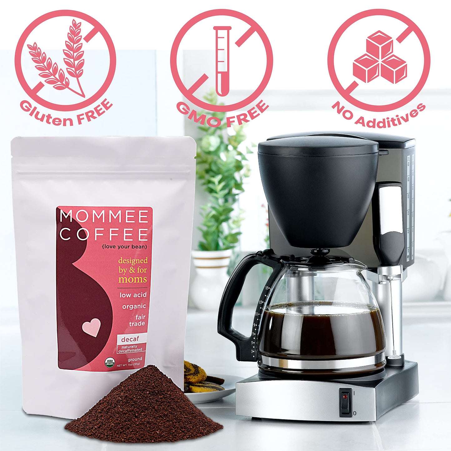 Mommee Coffee Decaf Ground Low Acid Coffee - 100% Arabica Organic Decaf Coffee Beans with Smooth Caramel Flavor - Medium Grind f