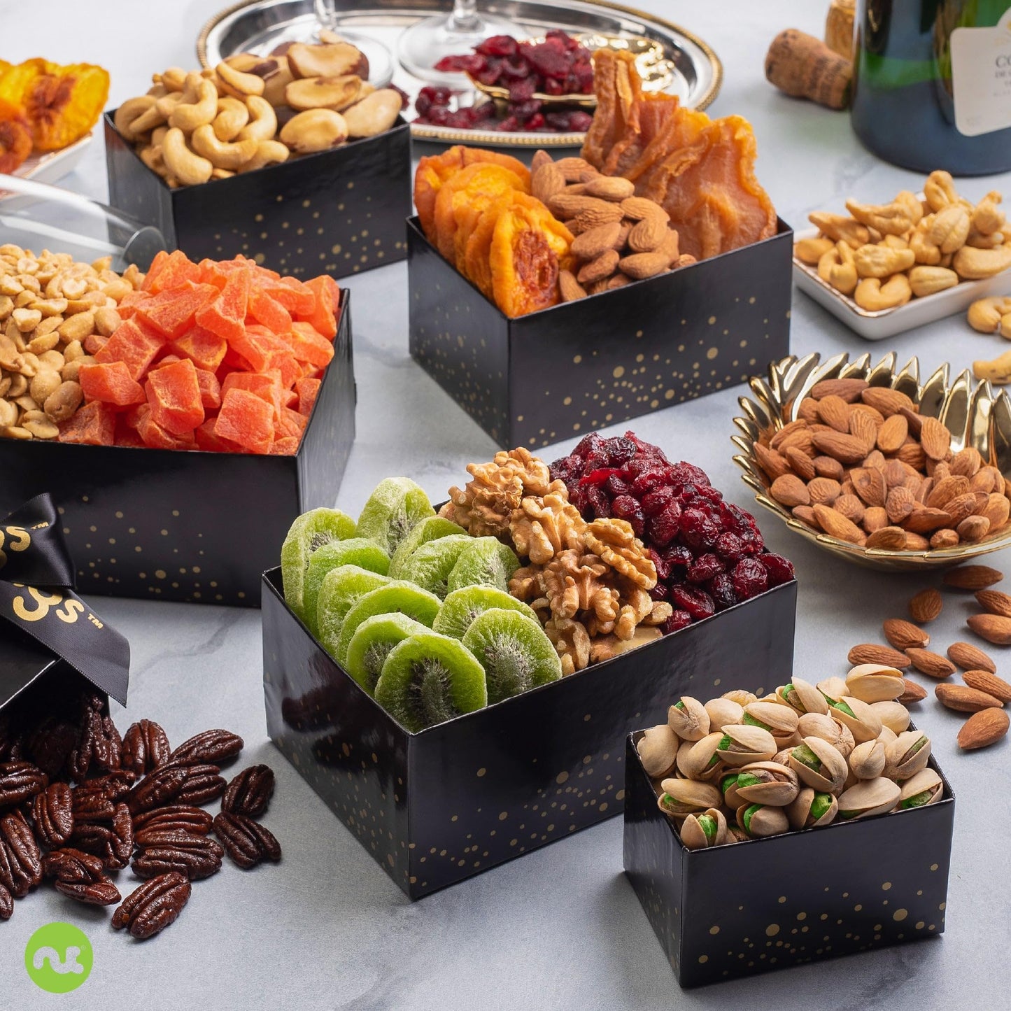 Nut Cravings Gourmet Collection - Thinking Of You, Nuts & Dried Fruits Tower Gift Basket, With Ty Ribbon + Greeting Card (12 Ass