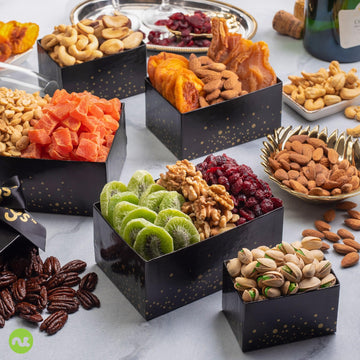 Nut Cravings Gourmet Collection - Thinking Of You, Nuts & Dried Fruits Tower Gift Basket, With Ty Ribbon + Greeting Card (12 Ass