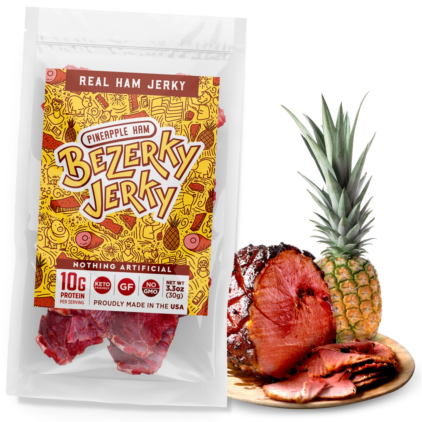 Bezerky Jerky Authentic American Ham, Keto-Friendly, Made With Premium Meat, Pineapple Jerky, All-Natural, Non-Gmo & Gluten-Free
