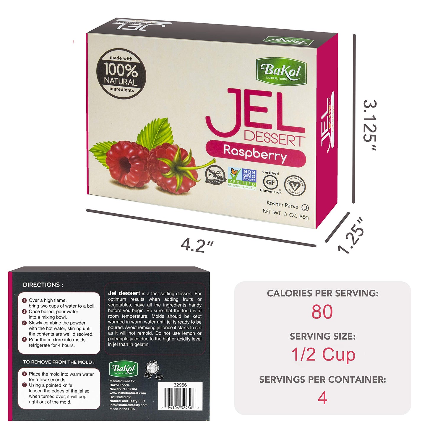 Bakol Jel Dessert Mix - All Natural Vegan Raspberry - Kosher, Halal - 3 Ounce (Pack of 3)