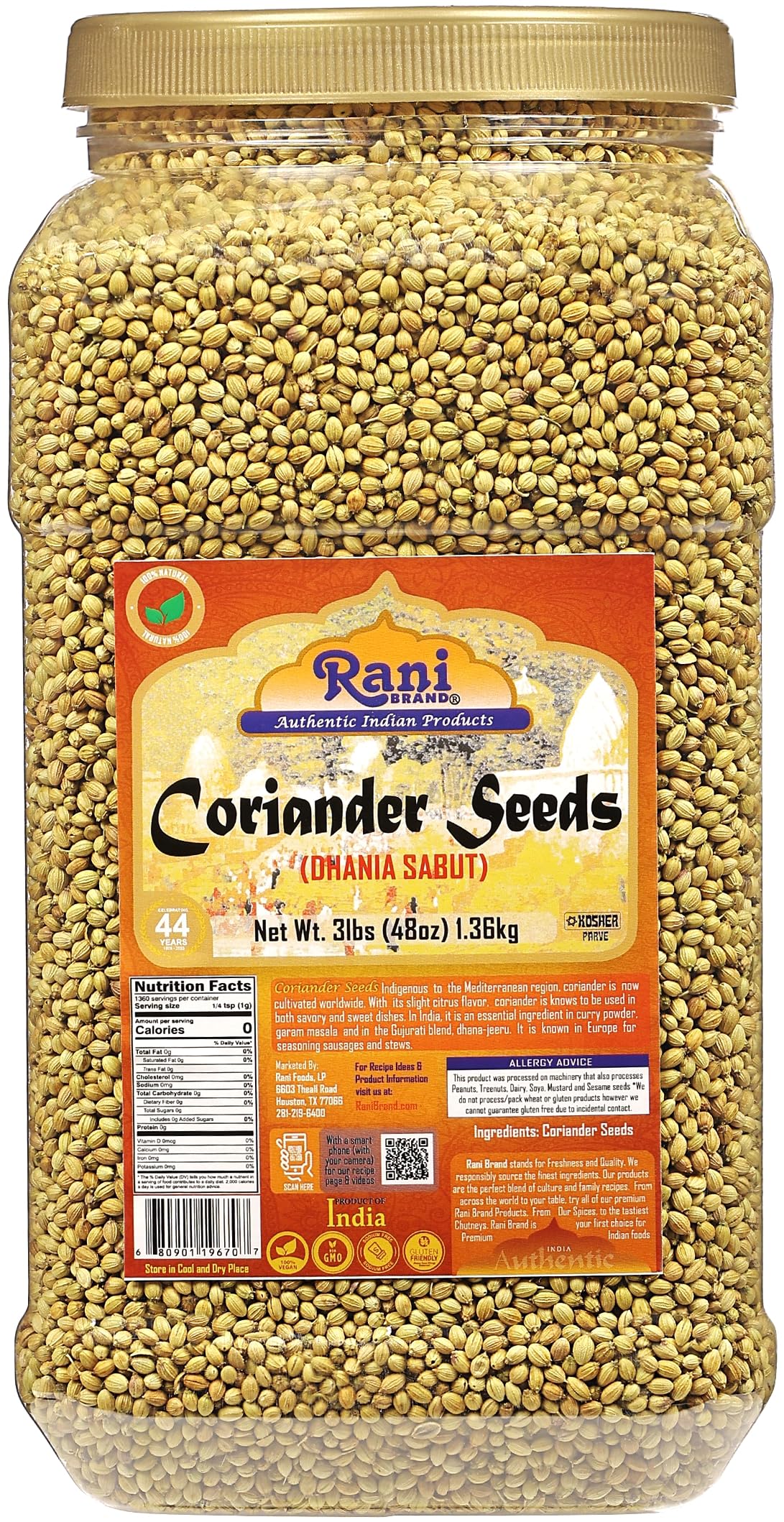 Rani Coriander (Dhania) Seeds Whole, Indian Spice 48Oz (3Lbs) 1.36Kg Bulk Pet Jar ~ All Natural | Gluten Friendly | Non-Gmo | Vegan | Kosher | Indian Origin