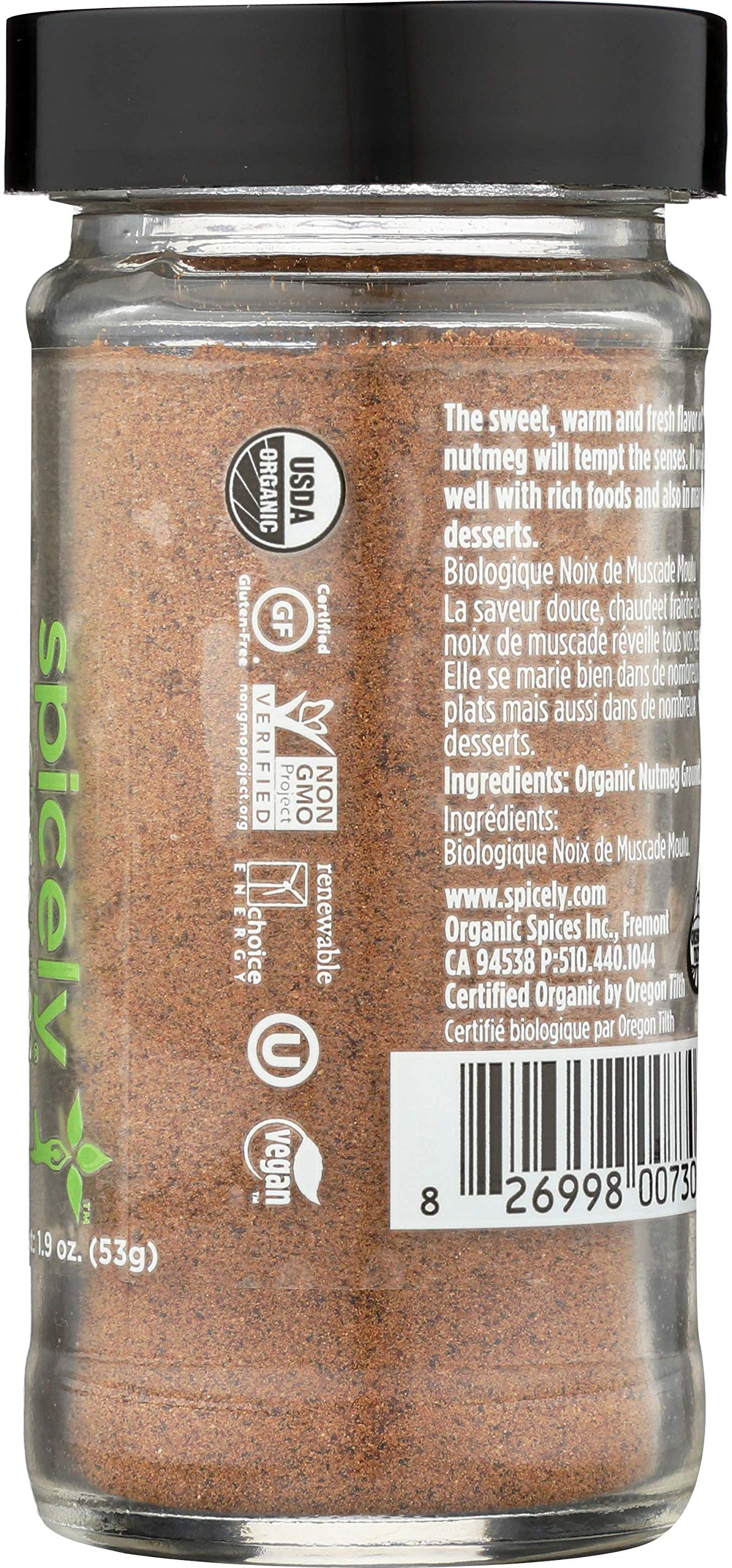 Spicely Organic Nutmeg Powder 1.90 Ounce Jar Certified Gluten Free