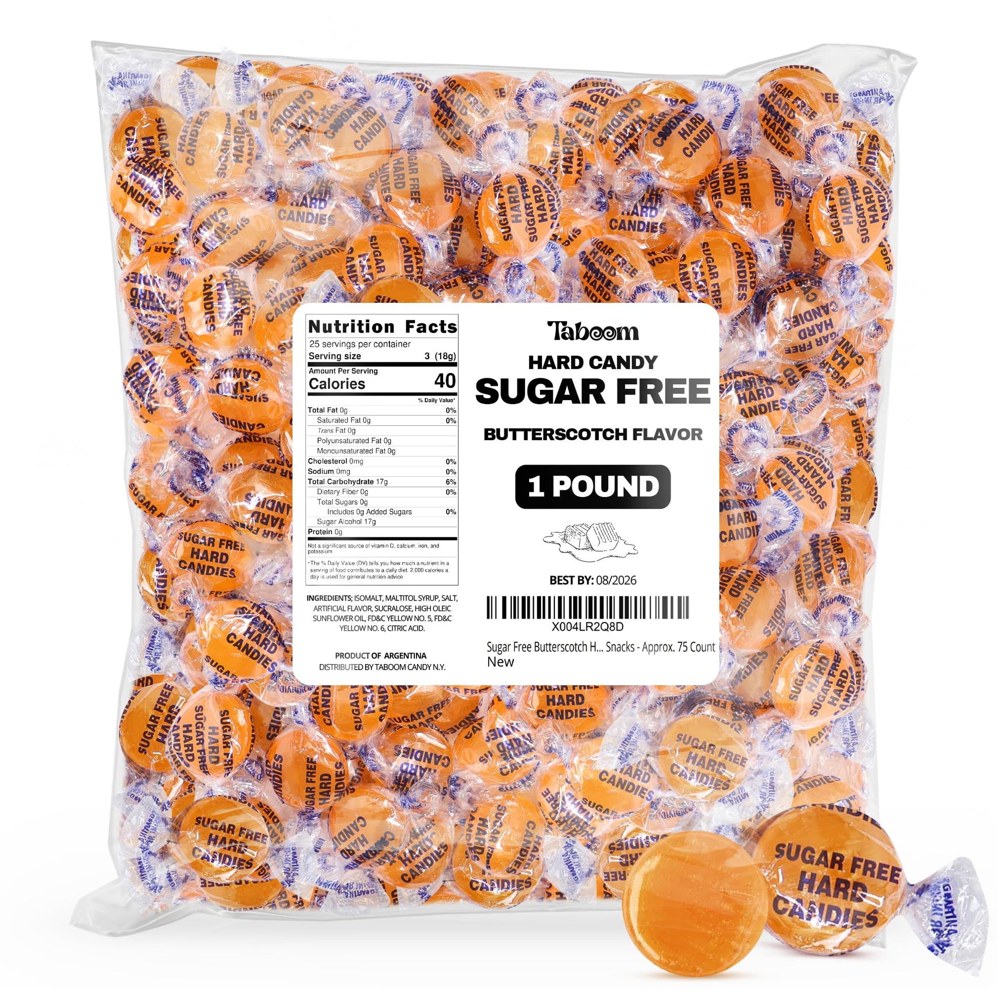 Taboom Sugar Free Butterscotch Hard Candy - 1 lb Bulk Bag, 75 Individually Wrapped Treats