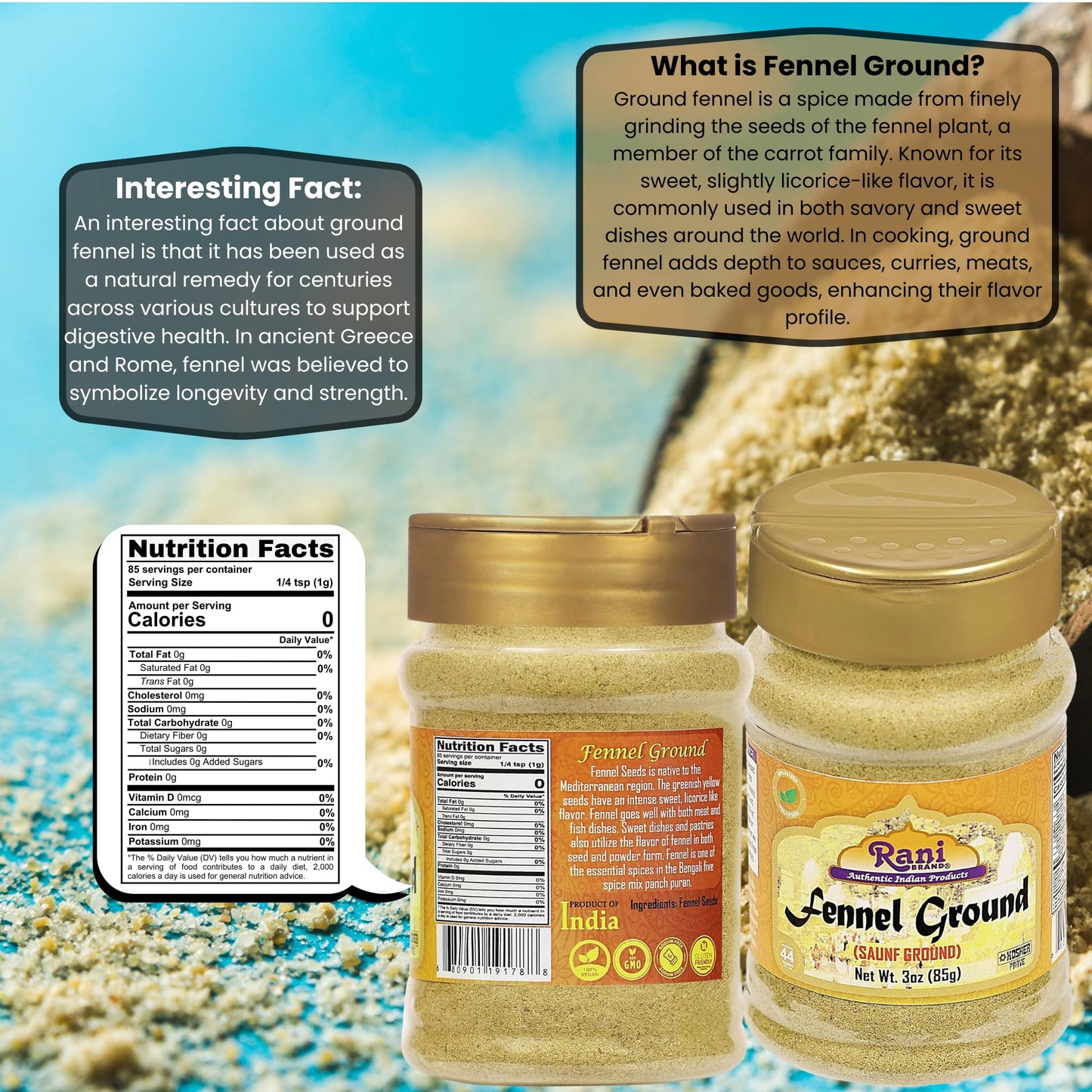 Rani Fennel Ground (Saunf) Powder Spice 3Oz (85G) Pet Jar All Natural Gluten Friendly Non-Gmo Vegan Indian Origin
