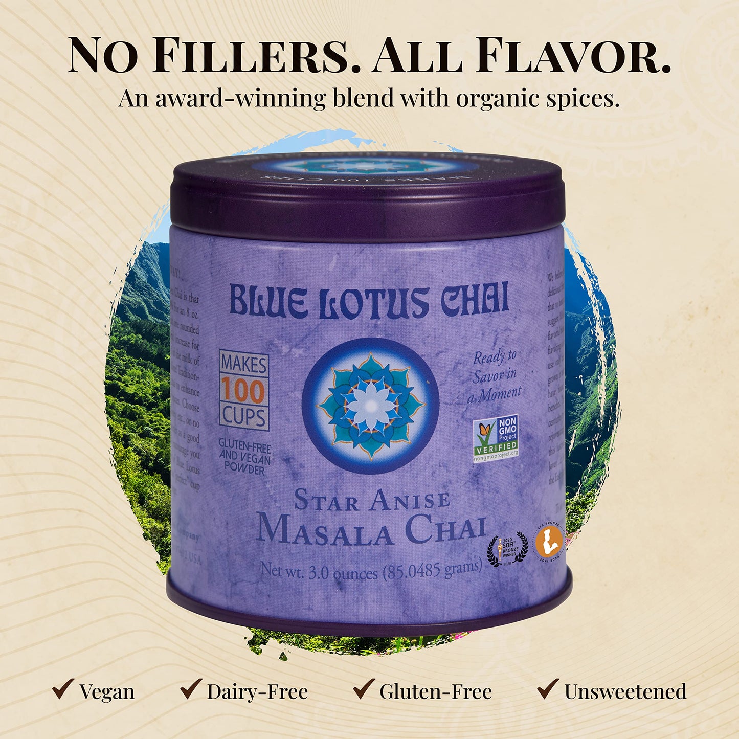 Blue Lotus Chai - Star Anise Masala Chai - Makes 100 Cups - 3 Ounce Masala Spiced Chai Powder With Organic Spices - Instant Indi