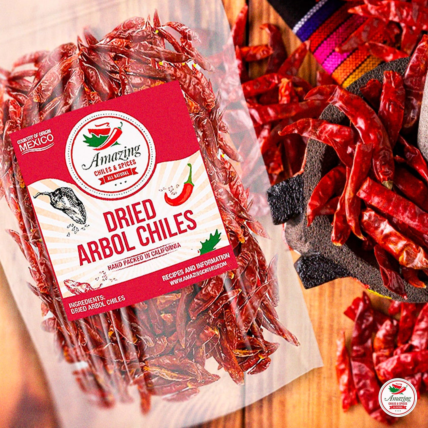 Dried Peppers 6 Pack Bundle - Ancho, Guajillo, Pasilla, Arbol, Chipotle, Cascabel (24oz Total). By Amazing Chiles & Spices