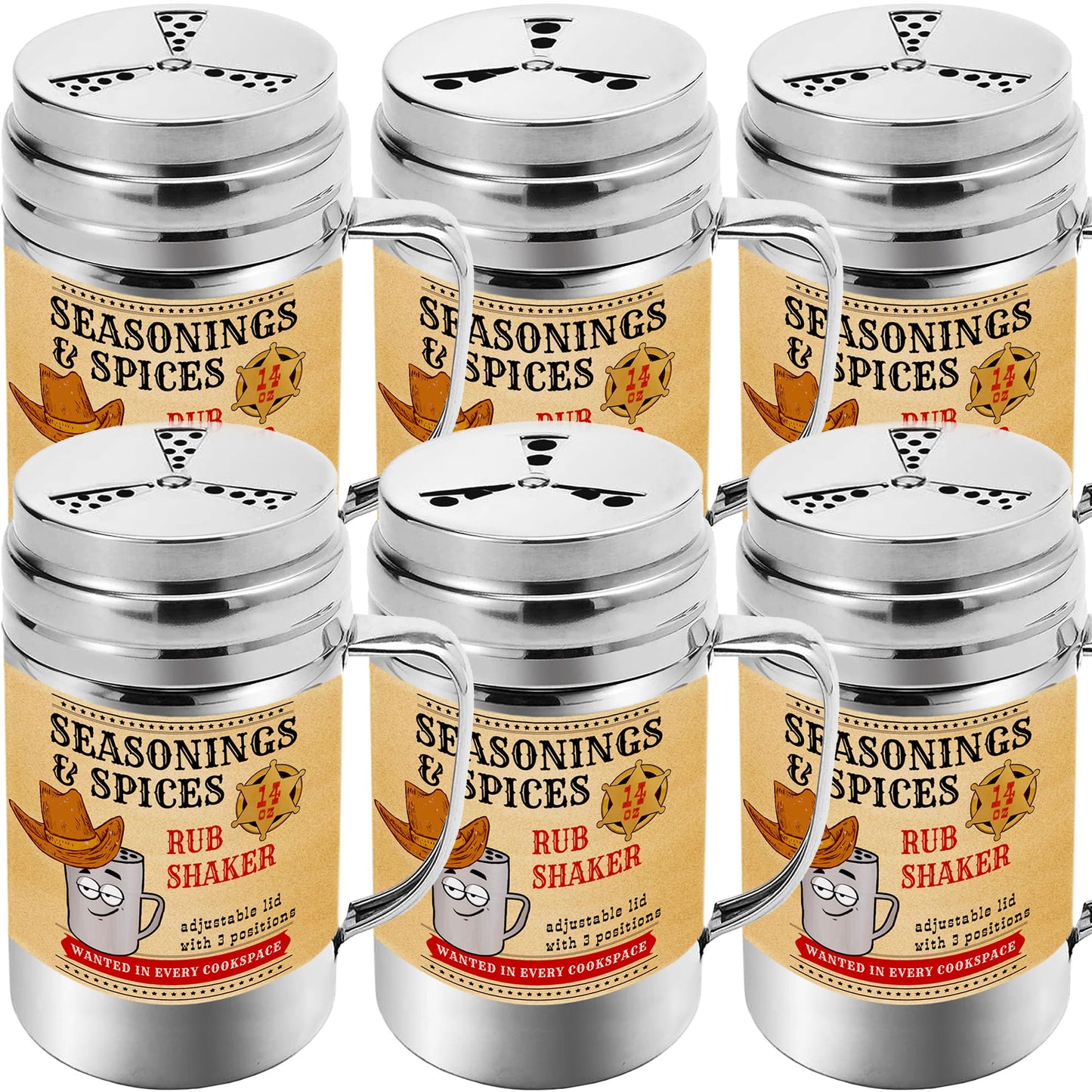 CUSINIUM Spice Shakers Set - Pack of 6, 14 oz BBQ Dry Rub Shakers with Adjustable Fan-Style Lid and Handles
