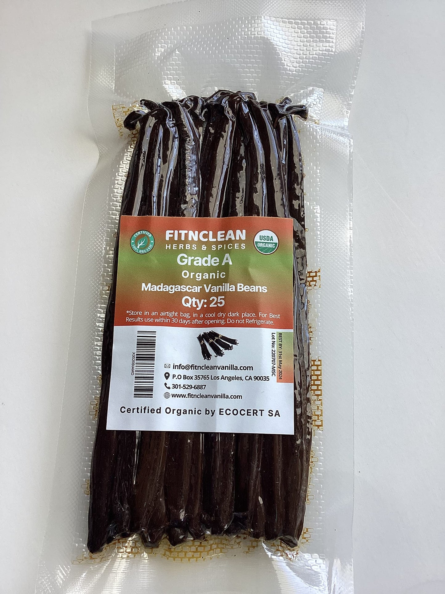 FITNCLEAN VANILLA 25 Organic Madagascar Vanilla Beans Grade A for Extract, Cooking & Baking - 25 Count, Certified USDA Organic
