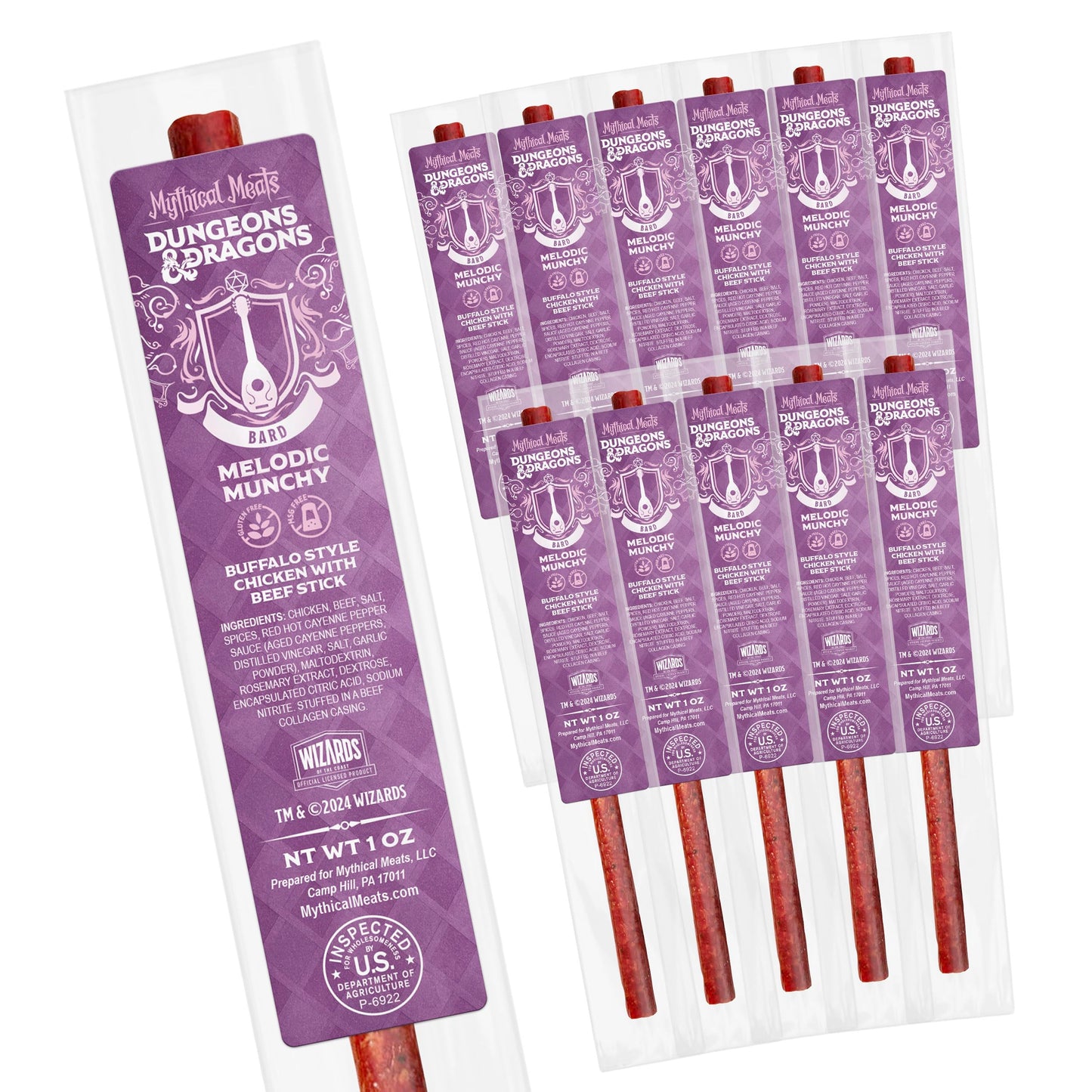 Mythical Meats Dungeons & Dragons Melodic Munchy (Bard) - 12 Jerky Sticks - Buffalo Style Chicken with Beef Stick, Gluten Free, 