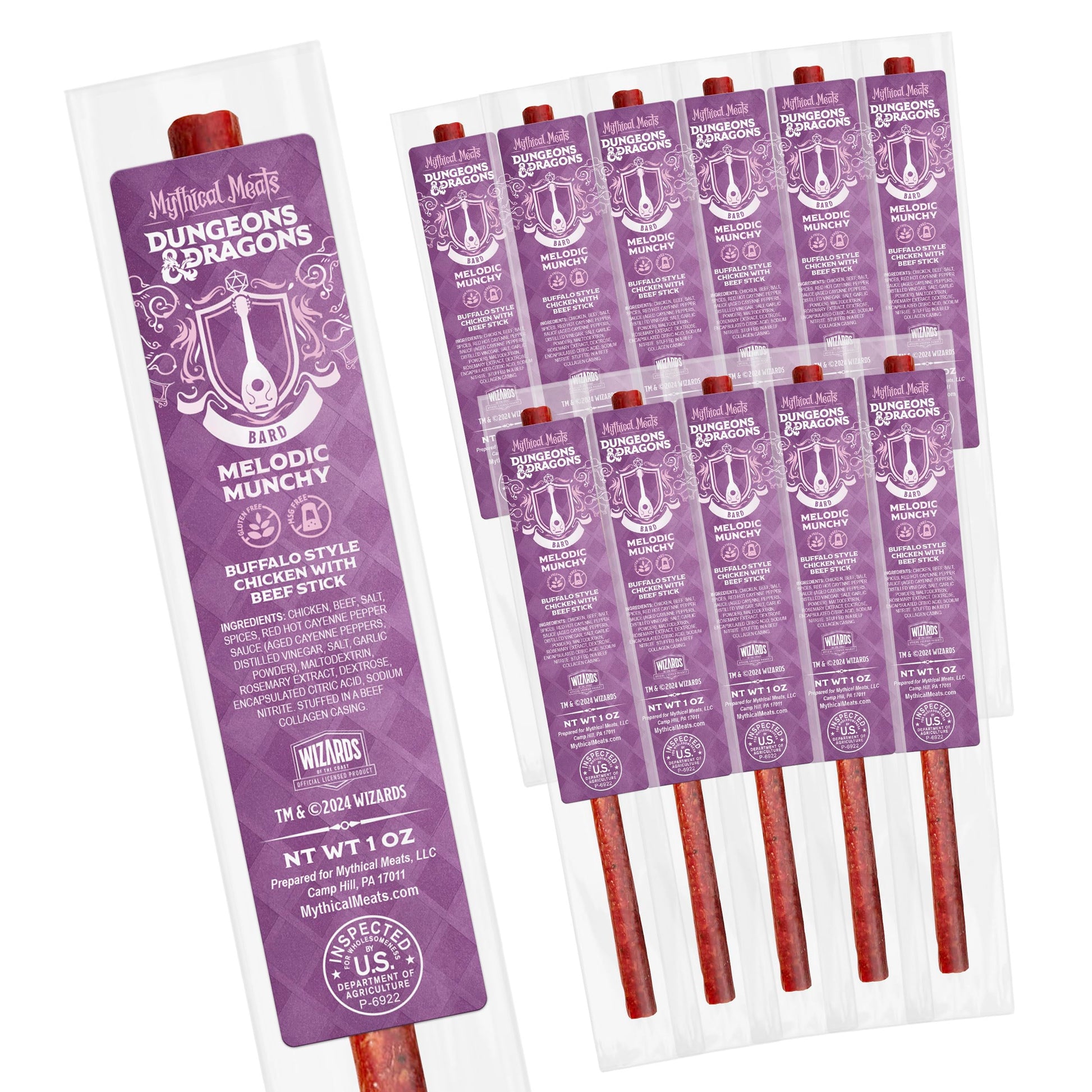 Mythical Meats Dungeons & Dragons Melodic Munchy (Bard) - 12 Jerky Sticks - Buffalo Style Chicken with Beef Stick, Gluten Free, 