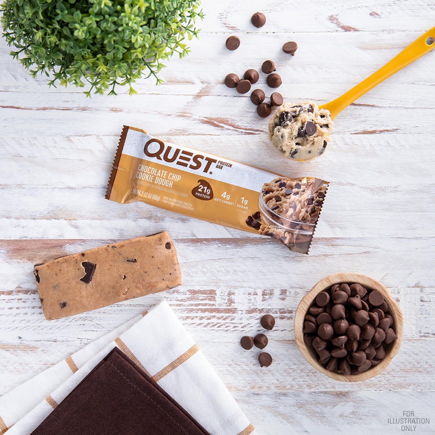 Quest Nutrition Chocolate Chip Cookie Dough Protein Bars, 21g Protein, 4, Net Carbs, 1g Sugar, Gluten Free, Keto Friendly, 4 Cou