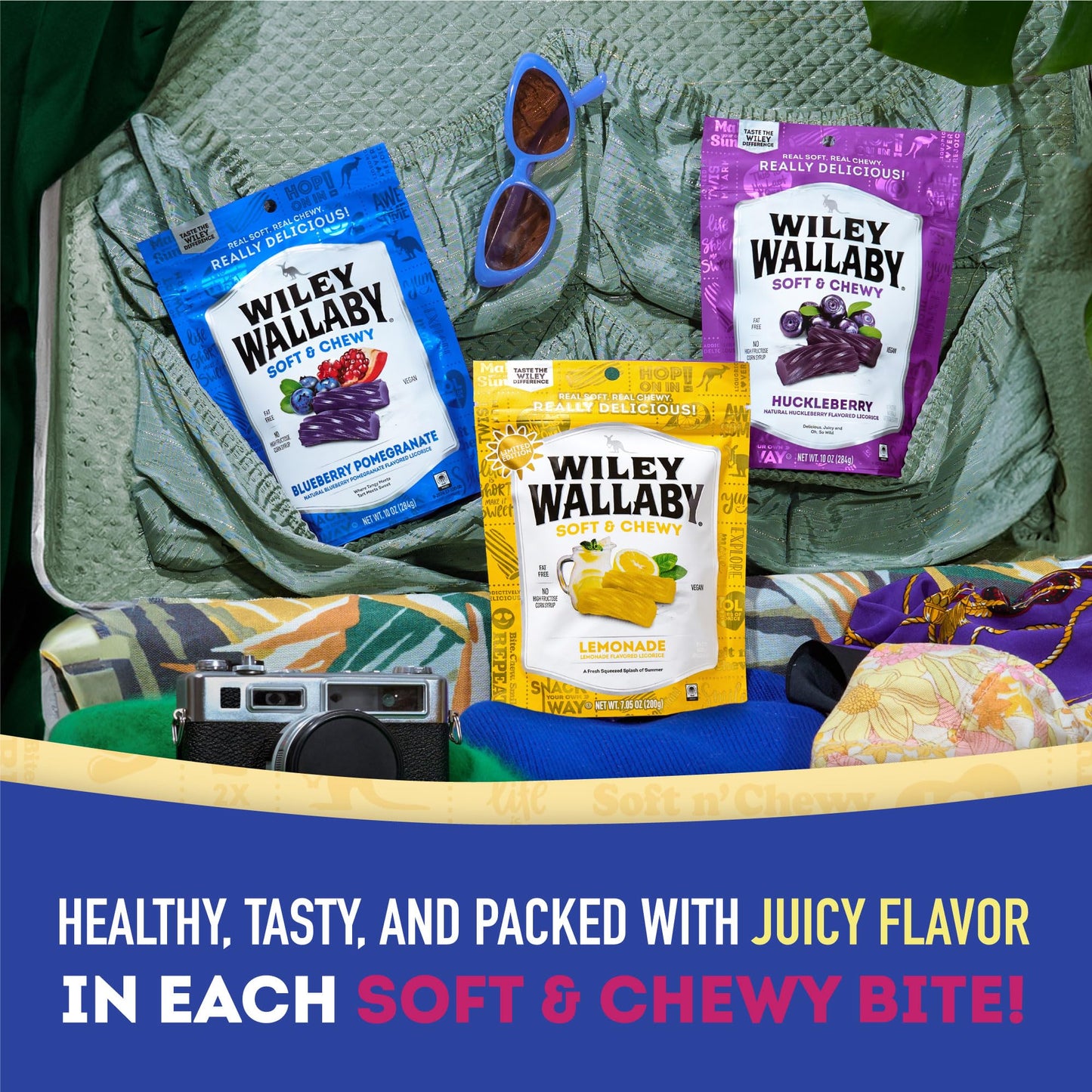 Wiley Wallaby Licorice Variety Pack - Huckleberry, Lemonade & Blue Pomegranate Classic Gourmet Australian Style Soft & Chewy Lic