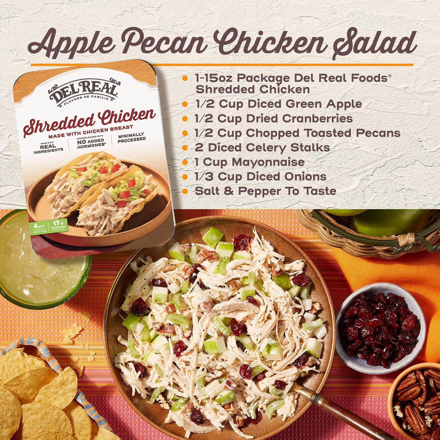 Del Real Foods Shredded Chicken, Pollo Deshebrado - Authentic Mexican, Ready to Eat, Family Size, Meal Prep Pack, Heat & Serve,