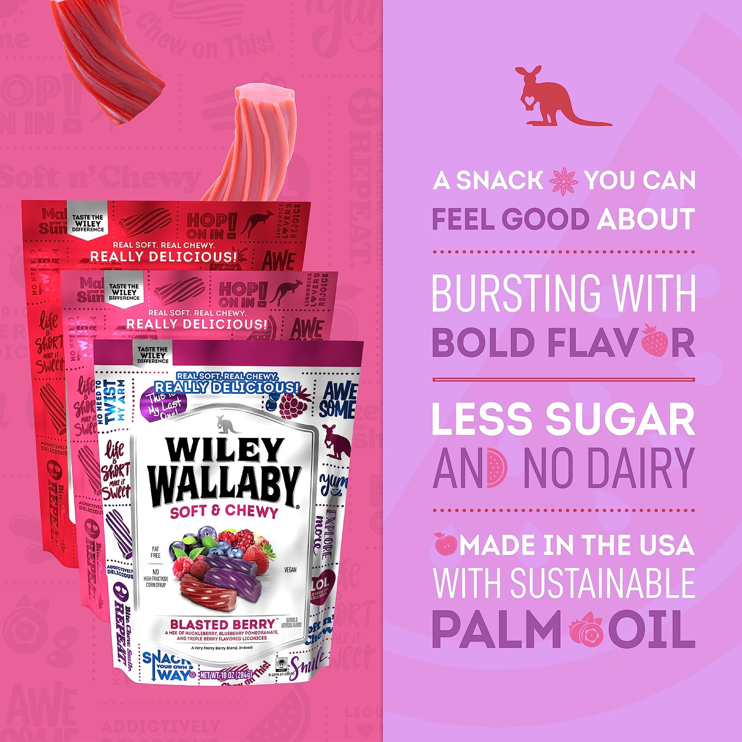 Wiley Wallaby Licorice 10 Ounce Classic Red, Watermelon, & Blasted Berry Gourmet Australian Style Soft & Chewy Licorice Candy Va