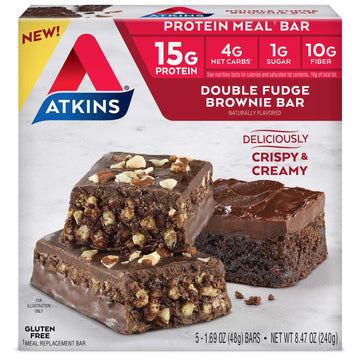 Atkins Double Fudge Brownie Protein Meal Bar, High Fiber, 15G Protein, 1G Sugar, 4G Net Carb, Meal Replacement, Keto Friendly
