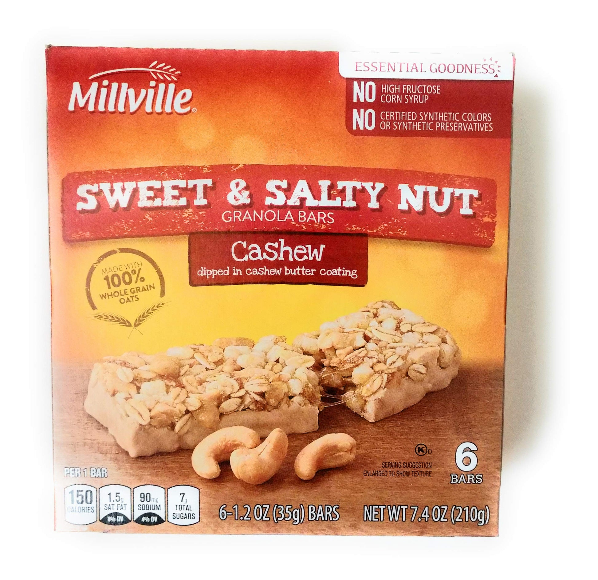 Millville Sweet & Salty Nut Granola Bars | 100% Whole Grain Oats | 7.4 oz (6 bars x 1.2 oz) | Pack of 1 (Cashew)