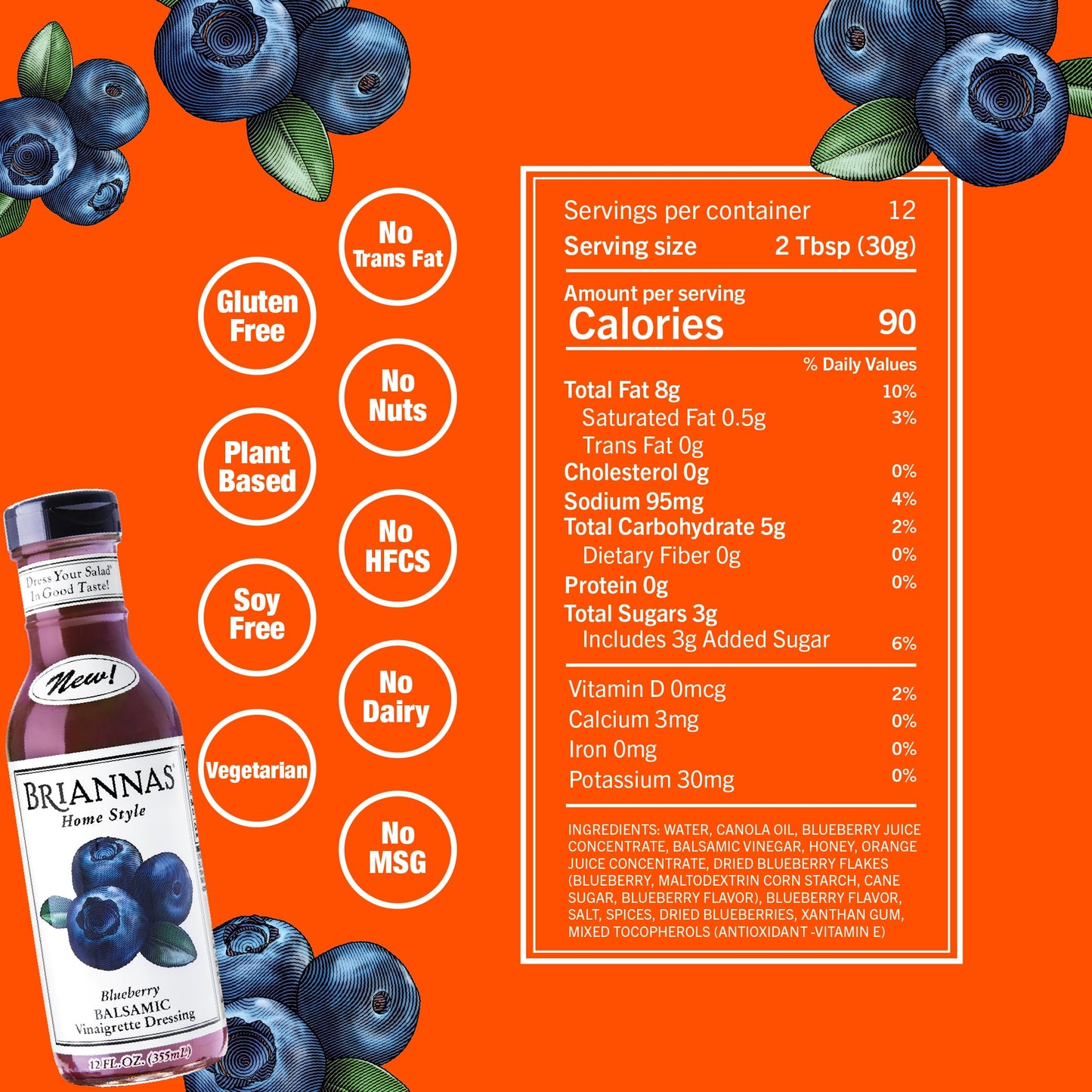 BRIANNAS Blueberry Balsamic Vinaigrette Dressing - Gluten Free, Low Sugar, 12 oz - Premium Salad Dressing for Healthy Meals