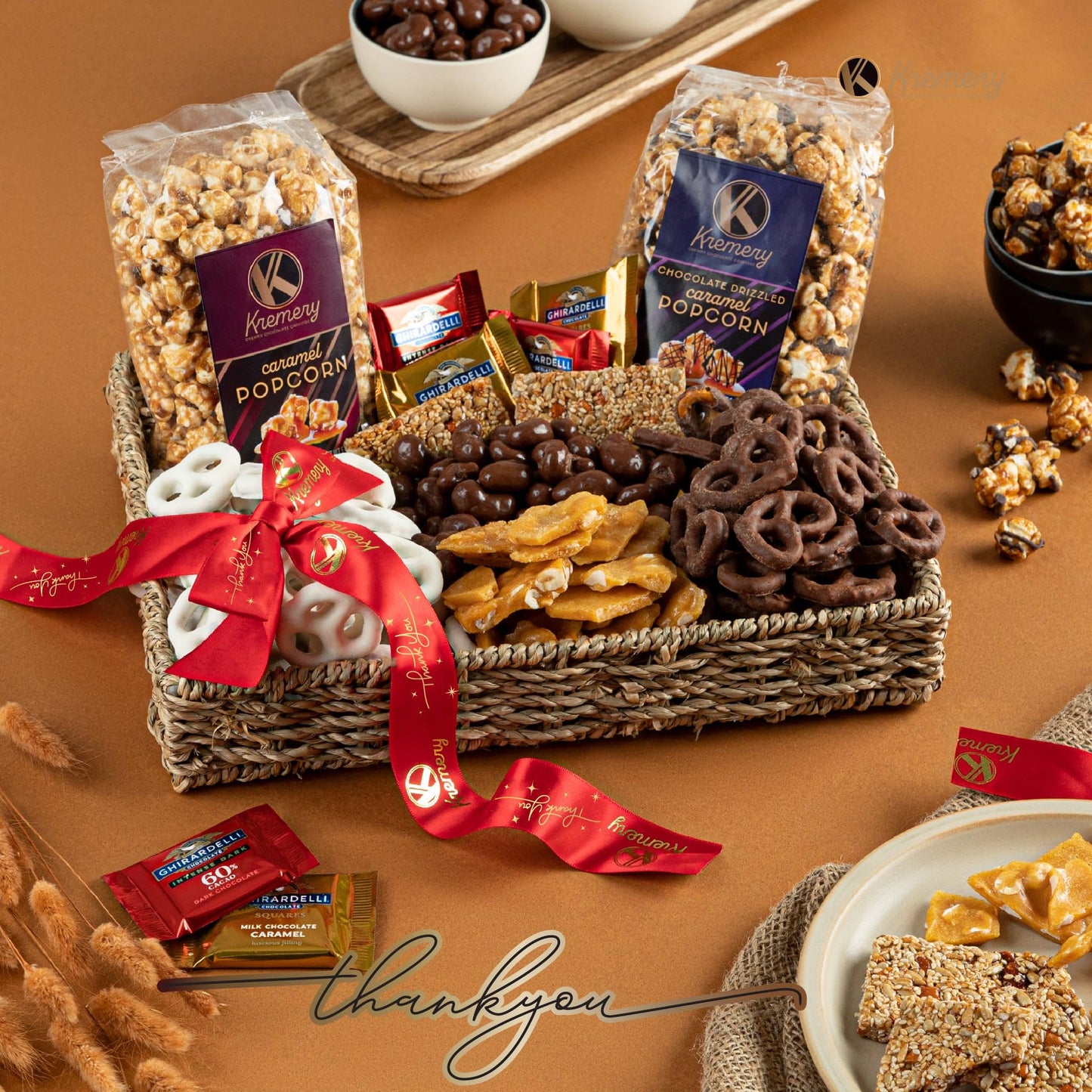 Nut Cravings KREMERY Chocolate Covered Pretzels & Caramel Popcorn Gift Basket, Deluxe 3.5 lbs, Thank You Seagrass Tray