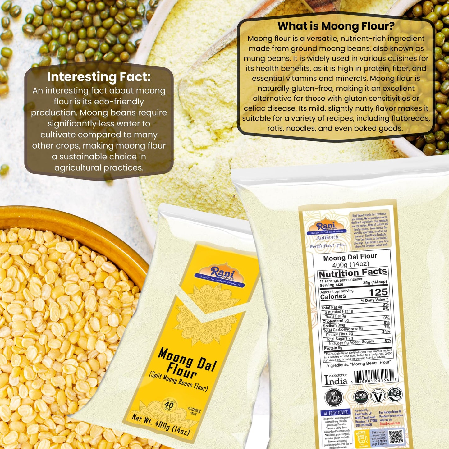 Rani Moong Flour, Vegan Mung Bean Flour, Gluten Friendly, 14oz (400g) - All Natural, Non-GMO, Kosher, Indian Origin