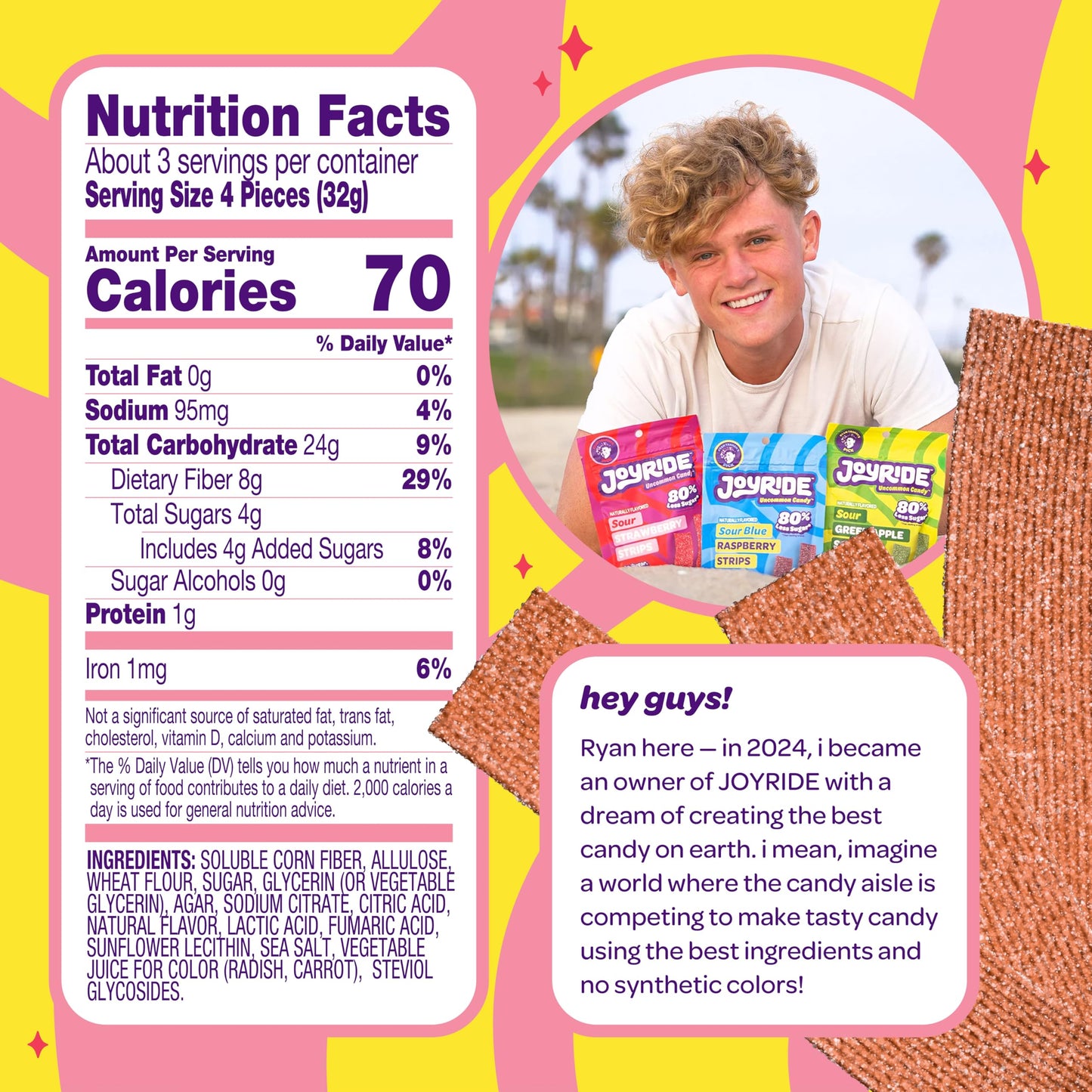 JOYRIDE Sour Strips 3.5 oz - Pink Lemonade, Low Sugar Candy, 6-Pack Bundle with Glacial Peppermint Gum