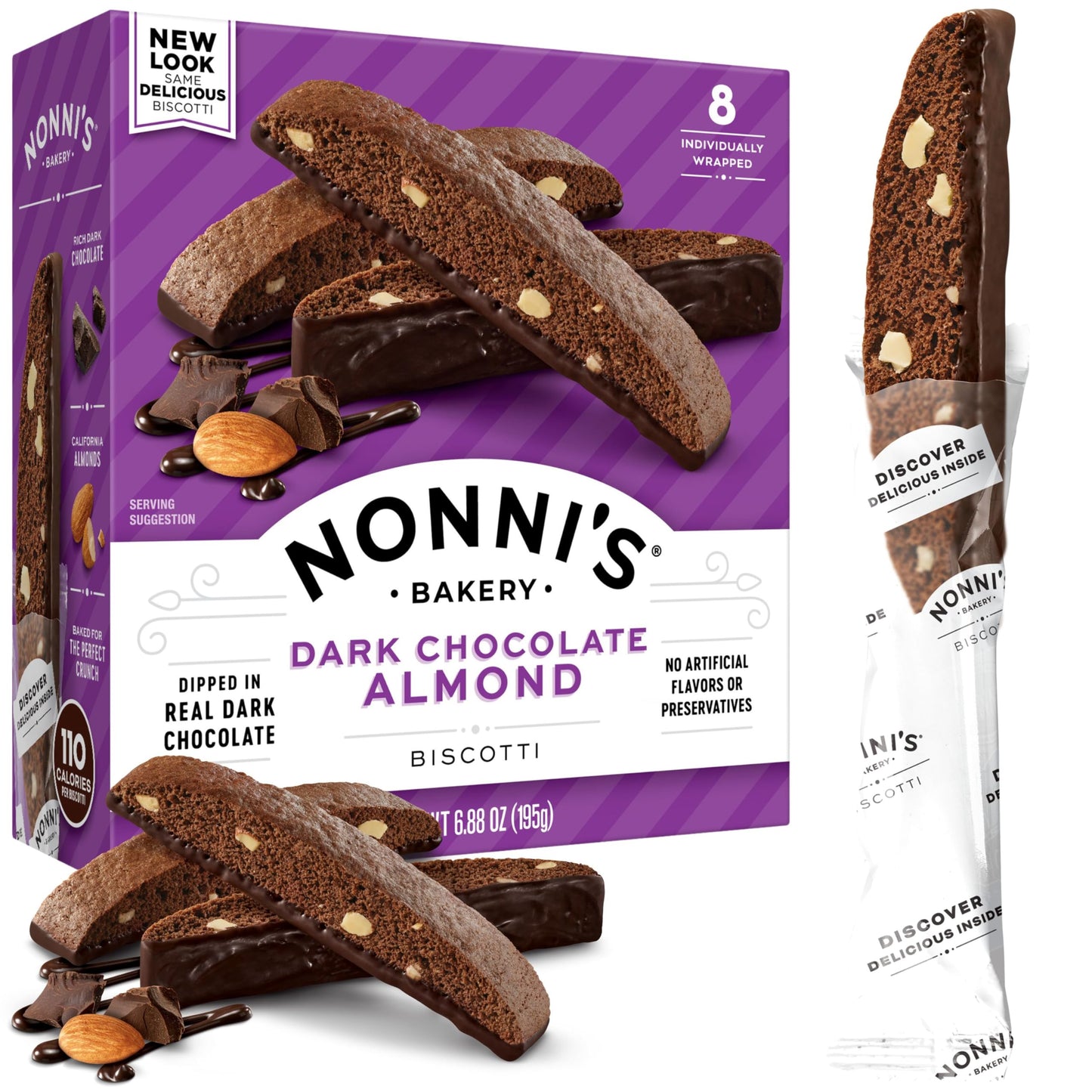Nonni's Dark Chocolate Almond Biscotti Italian Cookies - Dark Chocolate Cookies - Biscotti Individually Wrapped Cookies - Italia