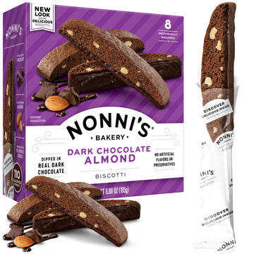 Nonni's Dark Chocolate Almond Biscotti Italian Cookies - Dark Chocolate Cookies - Biscotti Individually Wrapped Cookies - Italia