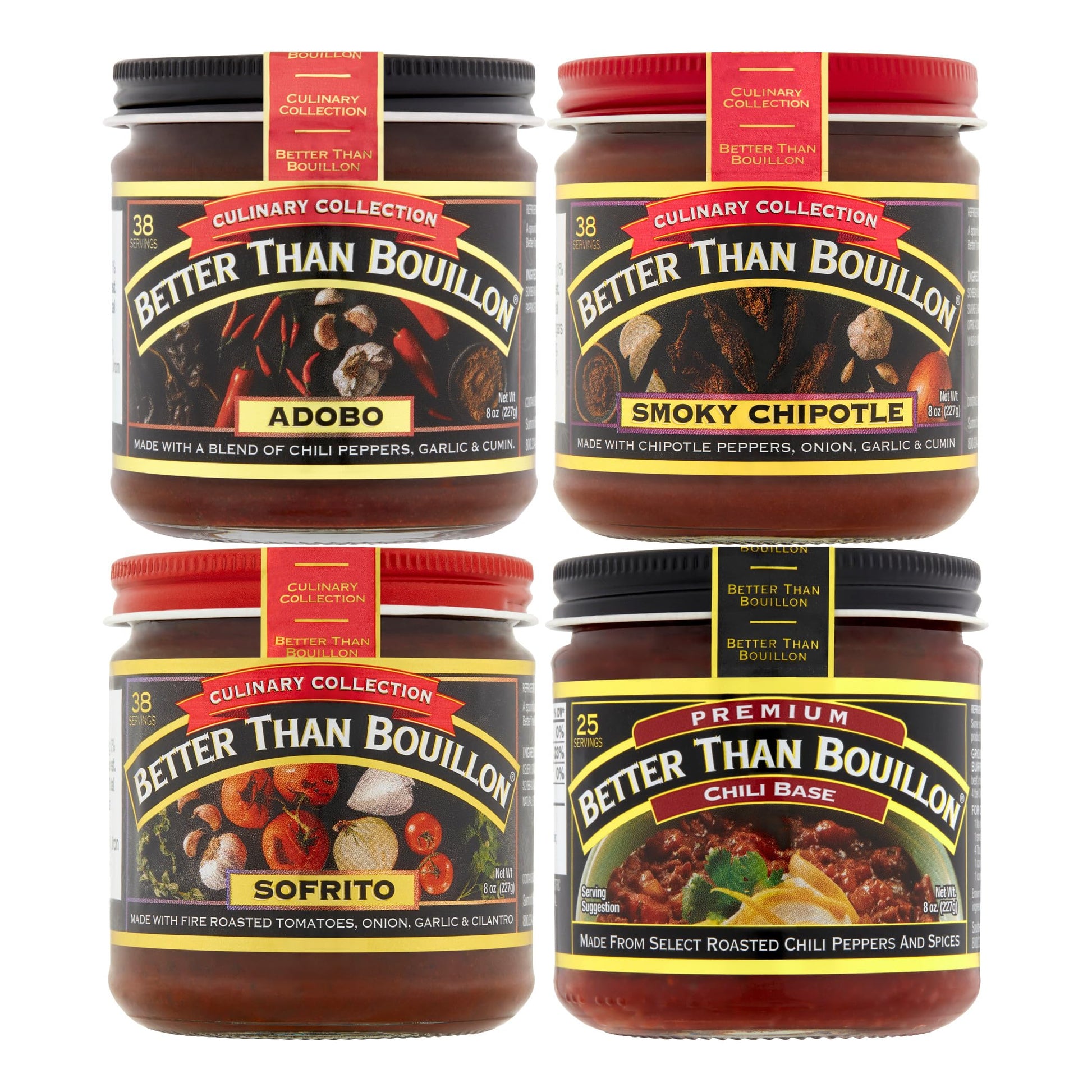 Better Than Bouillon Base Variety Pack, 1 Adobo Base, 1 Smoky Chipotle Base, 1 Sofrito Base, 1 Chili Base, 8 Ounce Glass Jars (P