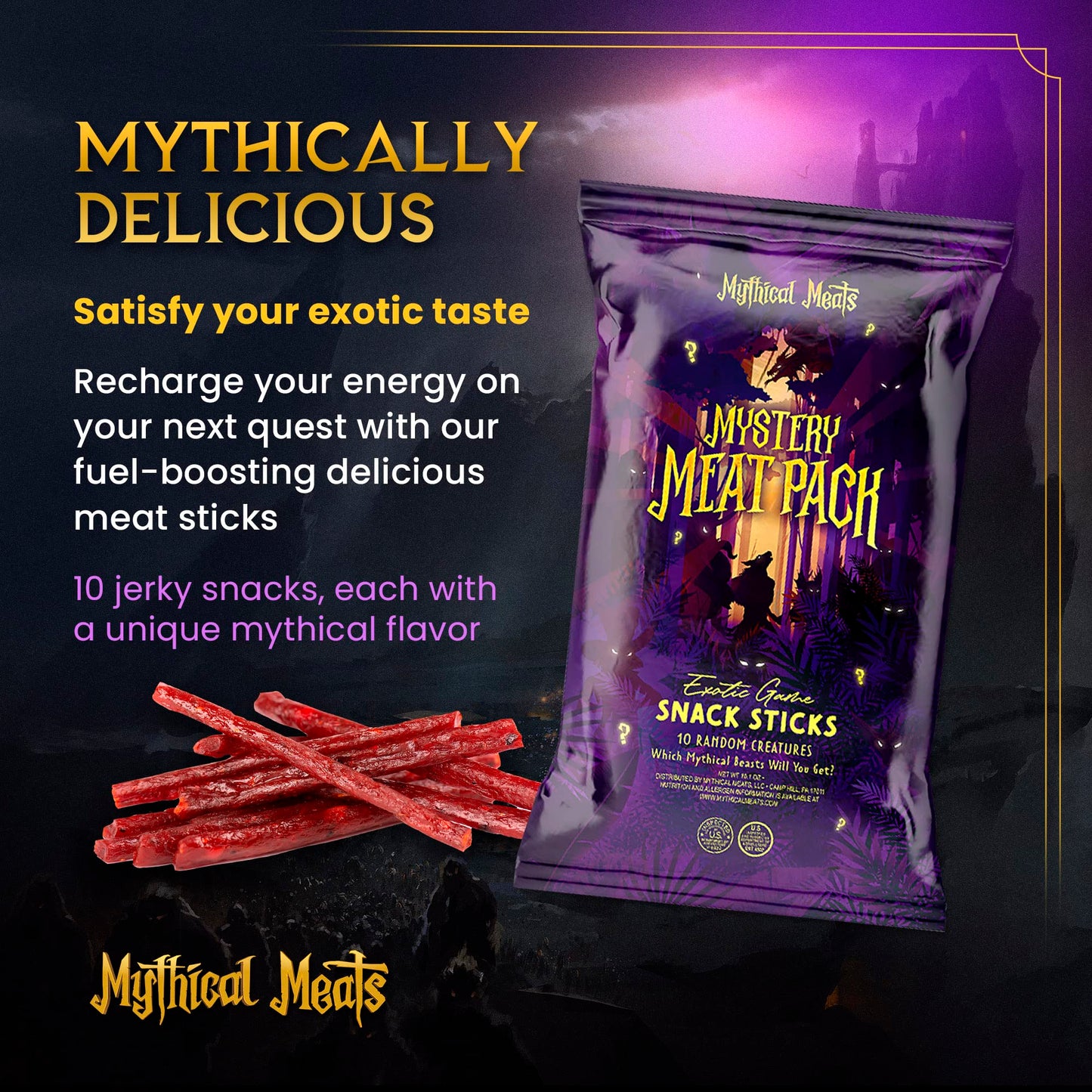 Mythical Meats Mystery Meat Random Flavor Sampler Pack - 10 Random Exotic Game And Beef Snack Sticks - Dried & Dehydrated Meats