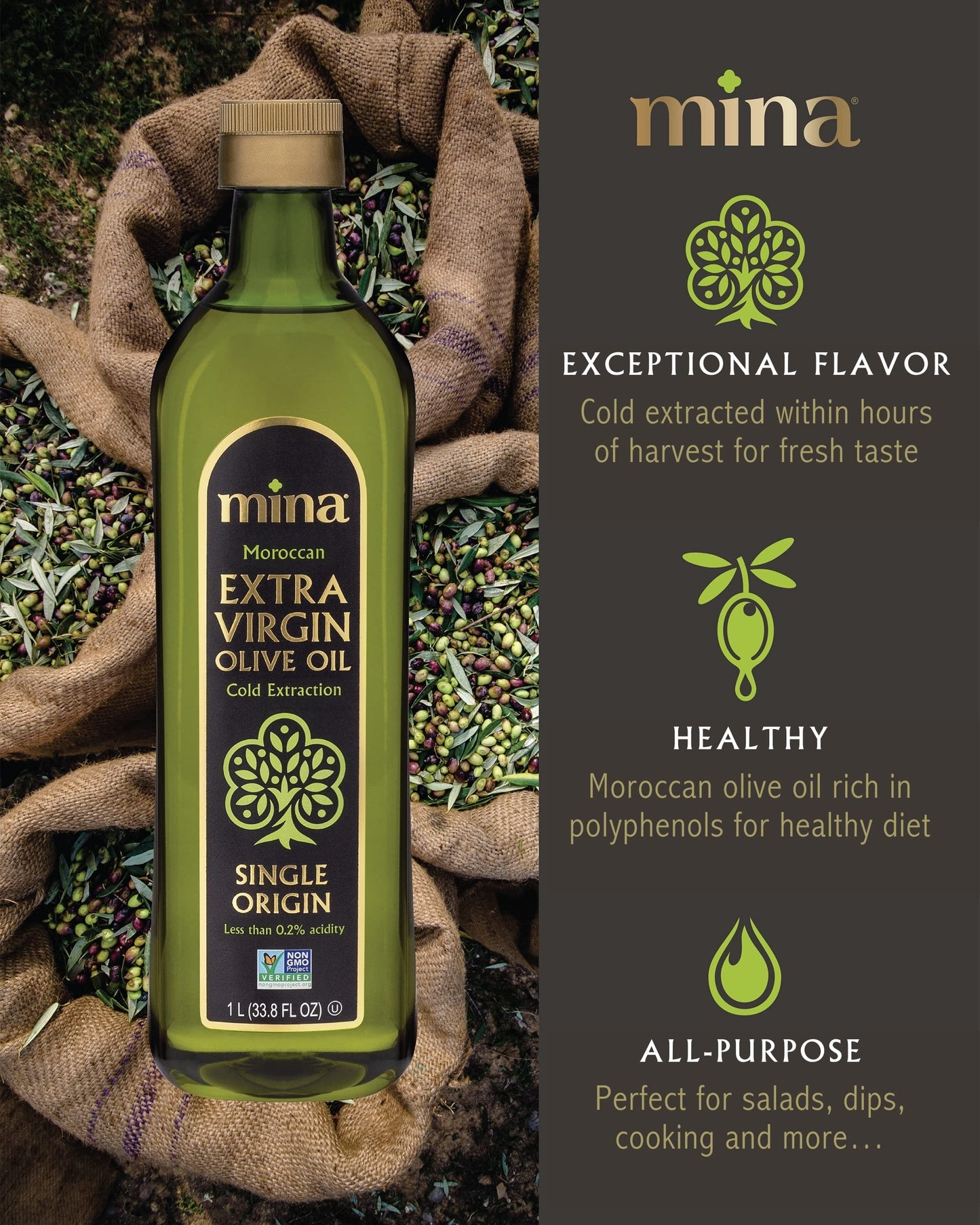 Mina Olive Oil Extra Virgin 33.8 Fl Oz, New Harvest, Polyphenol Rich Olive Oil for Cooking, Moroccan Extra Virgin Olive Oil, Sin
