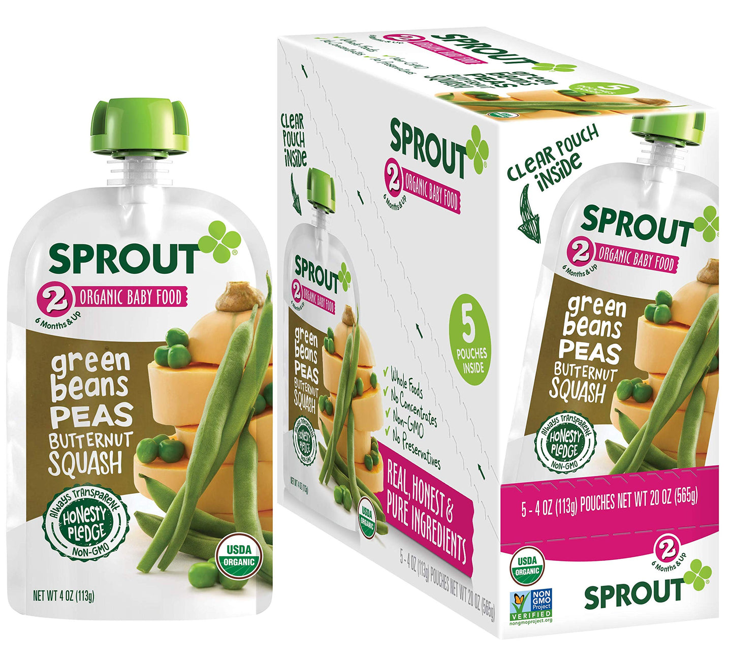 Sprout Organic Stage 2 Baby Food Pouches, Green Beans Peas Butternut Squash, 4 Ounce (Pack Of 10)